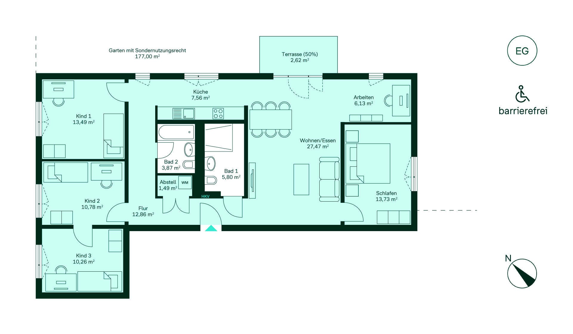 Grundriss der Eigentumswohnung WE065 Finkengarten Moderne barrierefreie Wohnung: Flur, Küche, Wohnzimmer, 4 Schlafzimmer, 2 Bäder, Terrasse, Garten.