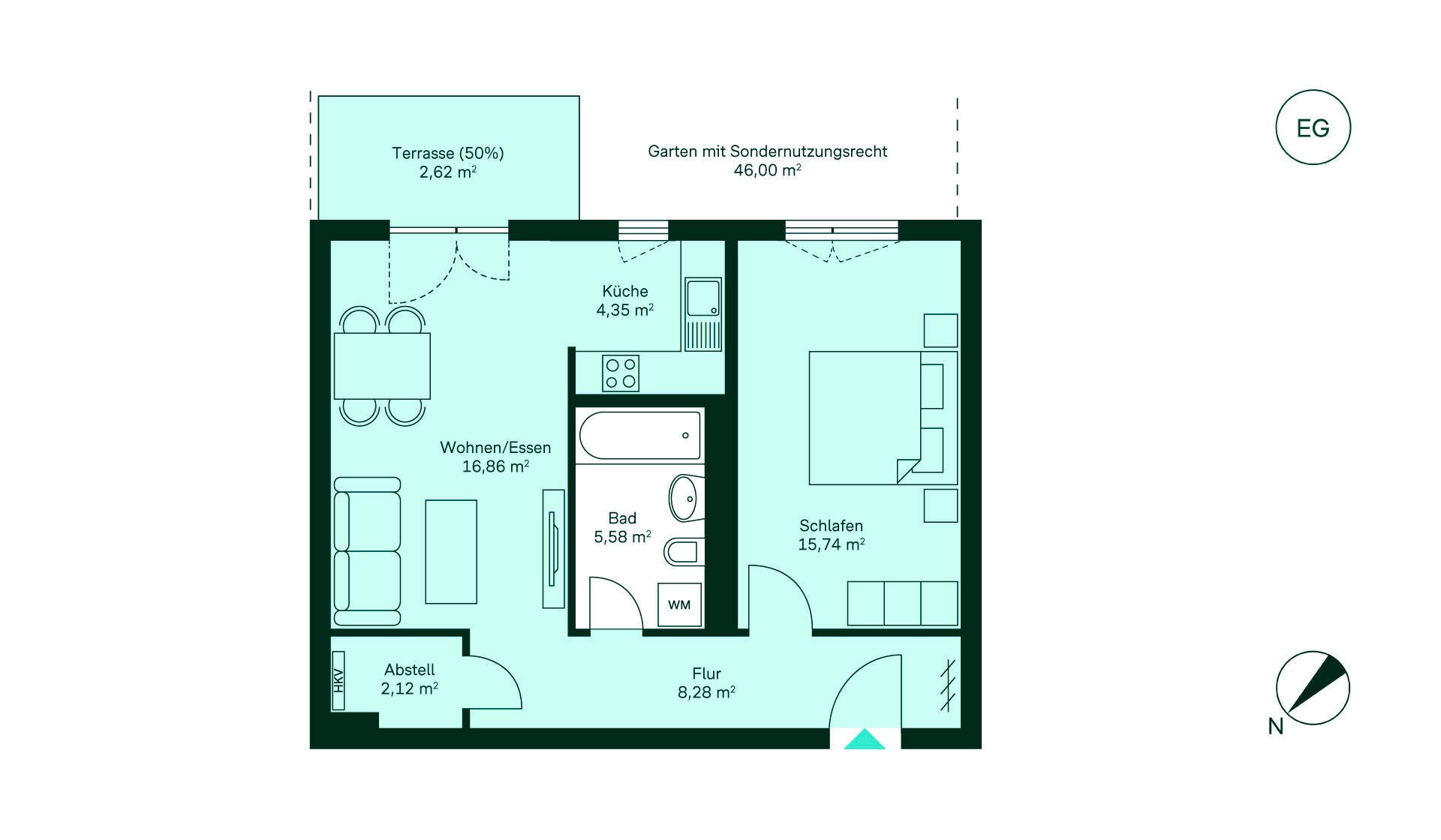 Gemütliche Wohnung im Erdgeschoss: Flur, Küche, Wohn-/Esszimmer, Schlafzimmer, Bad, Terrasse, Garten.