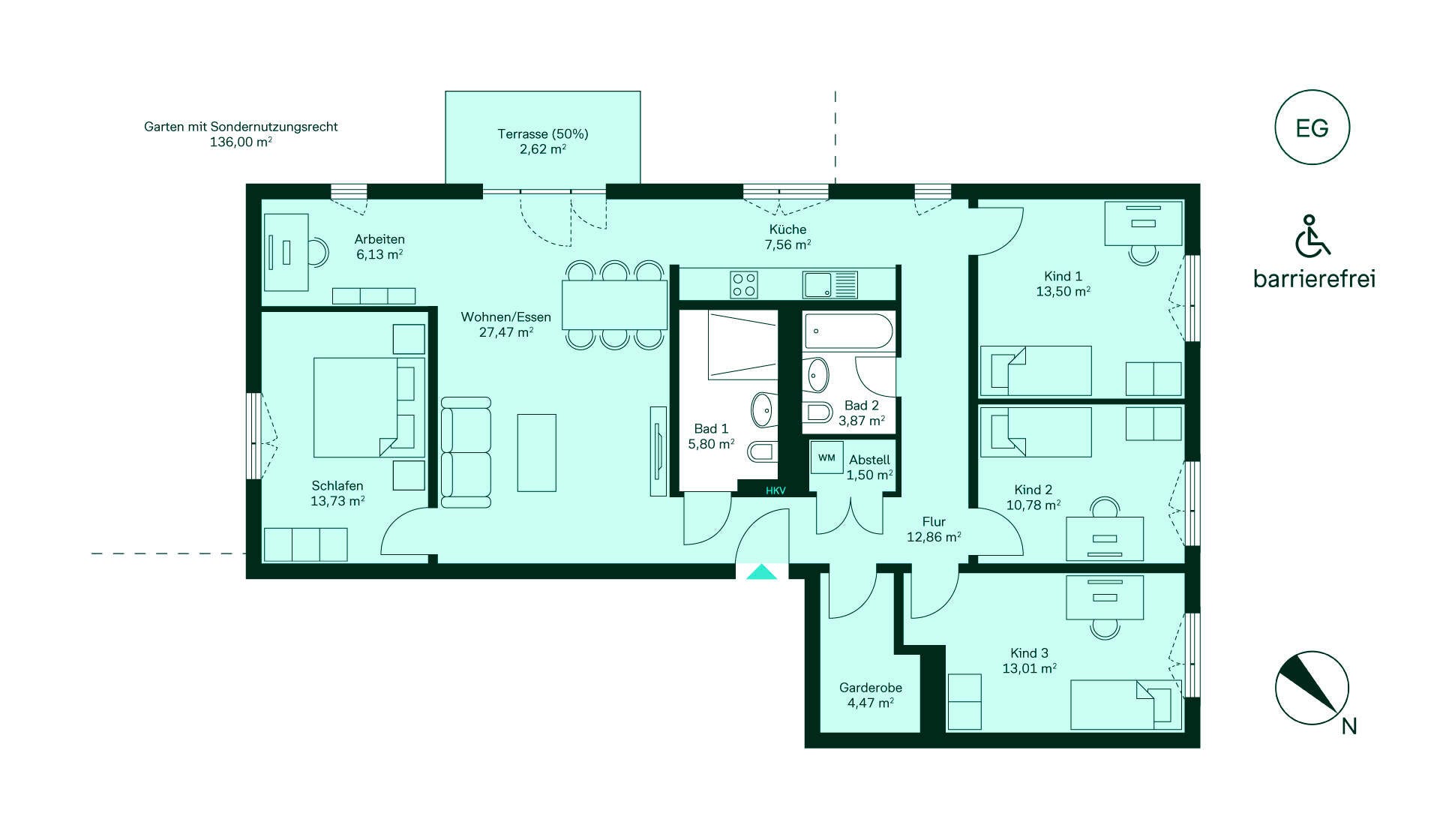 Grundriss Eigentumswohnung WE067 Finkengarten Entdecken Sie den barrierefreien Grundriss: Flur, Küche, Wohnbereich, Schlafzimmer, zwei Bäder, Terrasse und Garten. Perfekt für Familien!