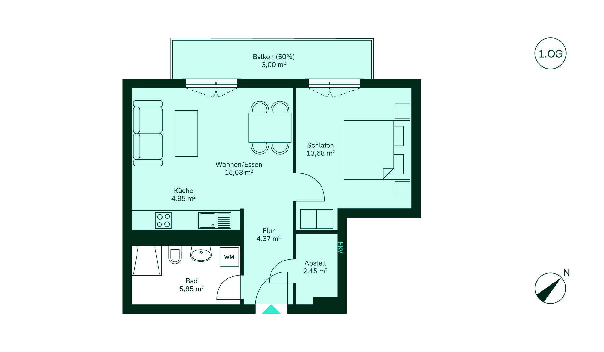 Grundriss der Eigentumswohnung WE070 Finkengarten Charmante Wohnung mit Flur, offener Küche, Wohnbereich, Schlafzimmer, Bad und gemütlichem Balkon.