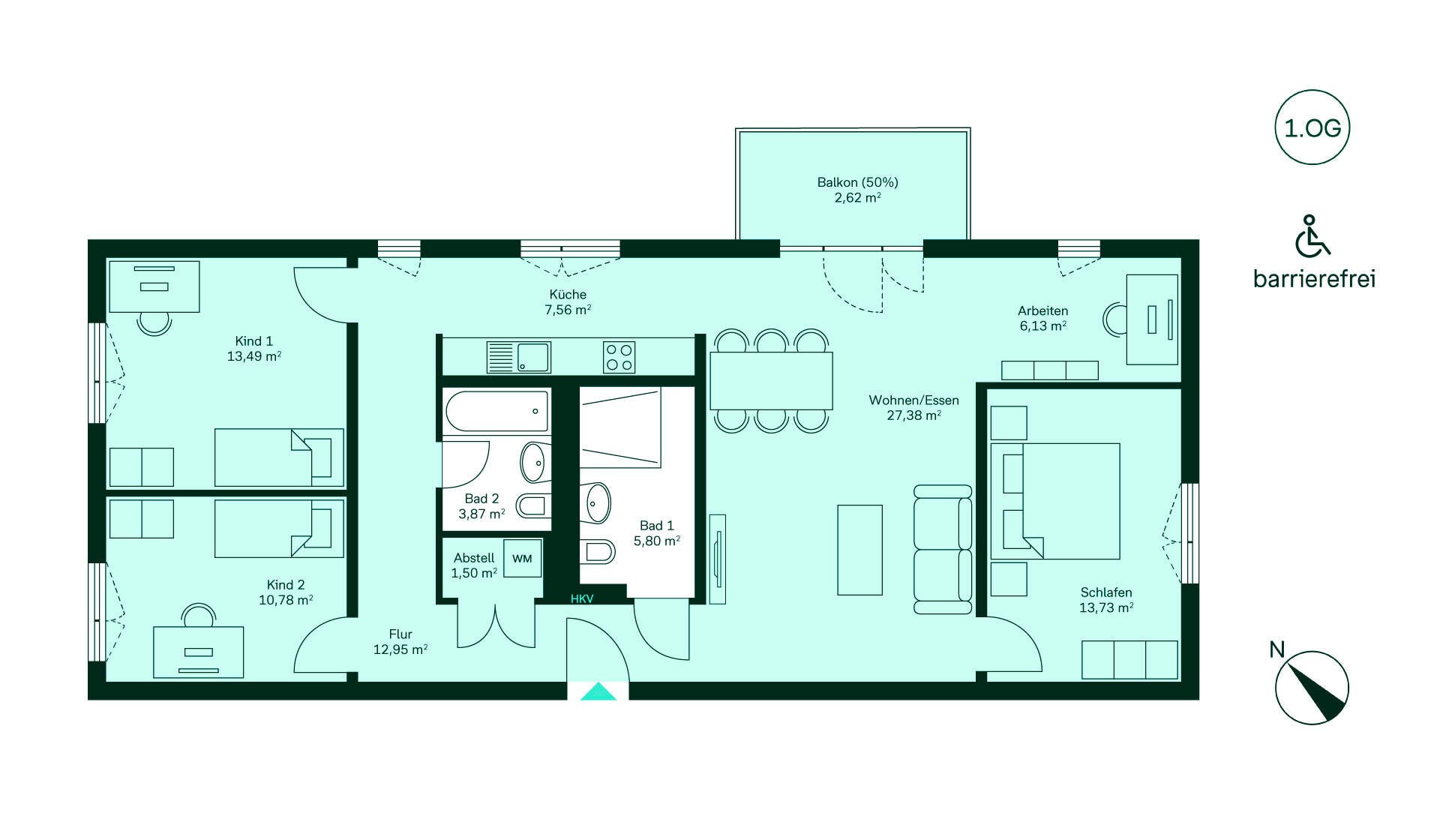 Entdecken Sie Ihr neues Zuhause: Geräumiger Flur, moderne Küche, gemütliches Wohn-/Esszimmer, drei Schlafzimmer, zwei Bäder, Balkon und Arbeitsbereich. Barrierefrei für maximalen Komfort!
