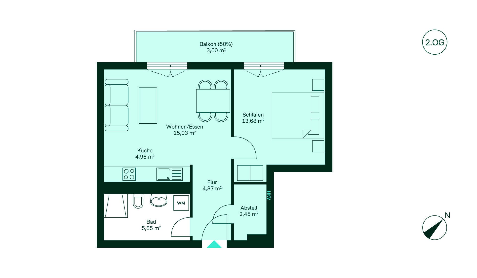 Gemütliche Wohnung im 2. OG: Flur, Küche, Wohn-/Esszimmer, Schlafzimmer, Bad, Balkon und Abstellraum.