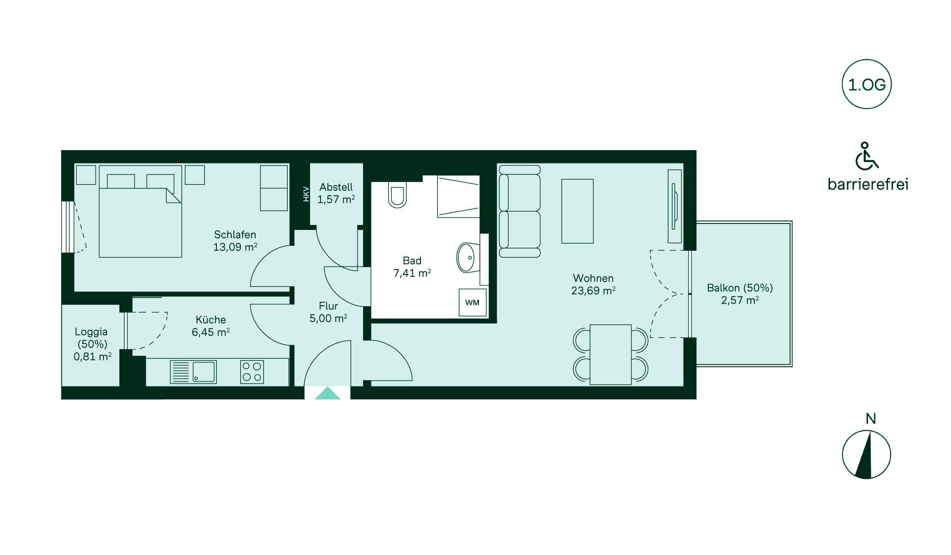 Entdecken Sie diese barrierefreie Wohnung: Flur führt zur Küche, Wohnzimmer, Schlafzimmer, Bad und Balkon. Perfekt für Komfort und Stil!
