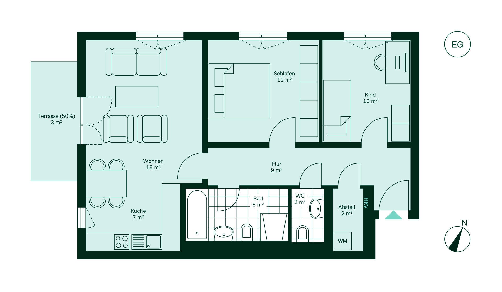 Grundriss der Eigentumswohnung 079 Gemütliche Wohnung mit Flur, Küche, Wohnbereich, zwei Schlafzimmern, Bad, WC und Terrasse.