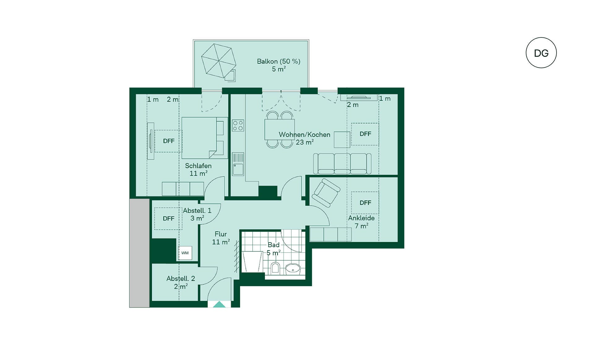 Grundriss der Wohnung WE036 im Haus 3 Gemütliche Wohnung im Dachgeschoss: Flur, offene Küche und Wohnzimmer, Schlafzimmer, Bad, Balkon.