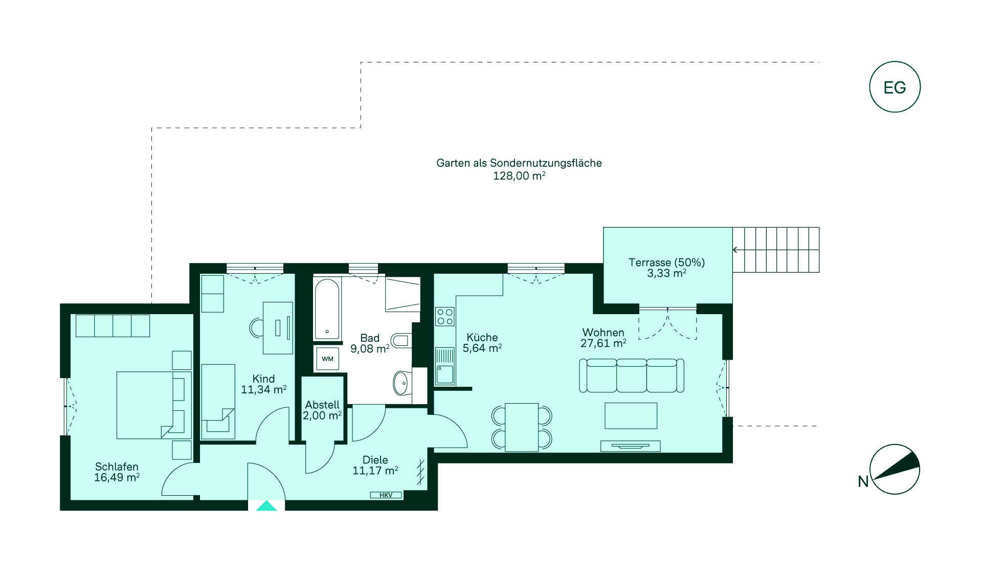 Grundriss Grundriss einer charmanten Wohnung: Diele, Küche, Wohnbereich, Schlafzimmer, Kinderzimmer, Bad, Terrasse und Garten. Ideal für Familien!