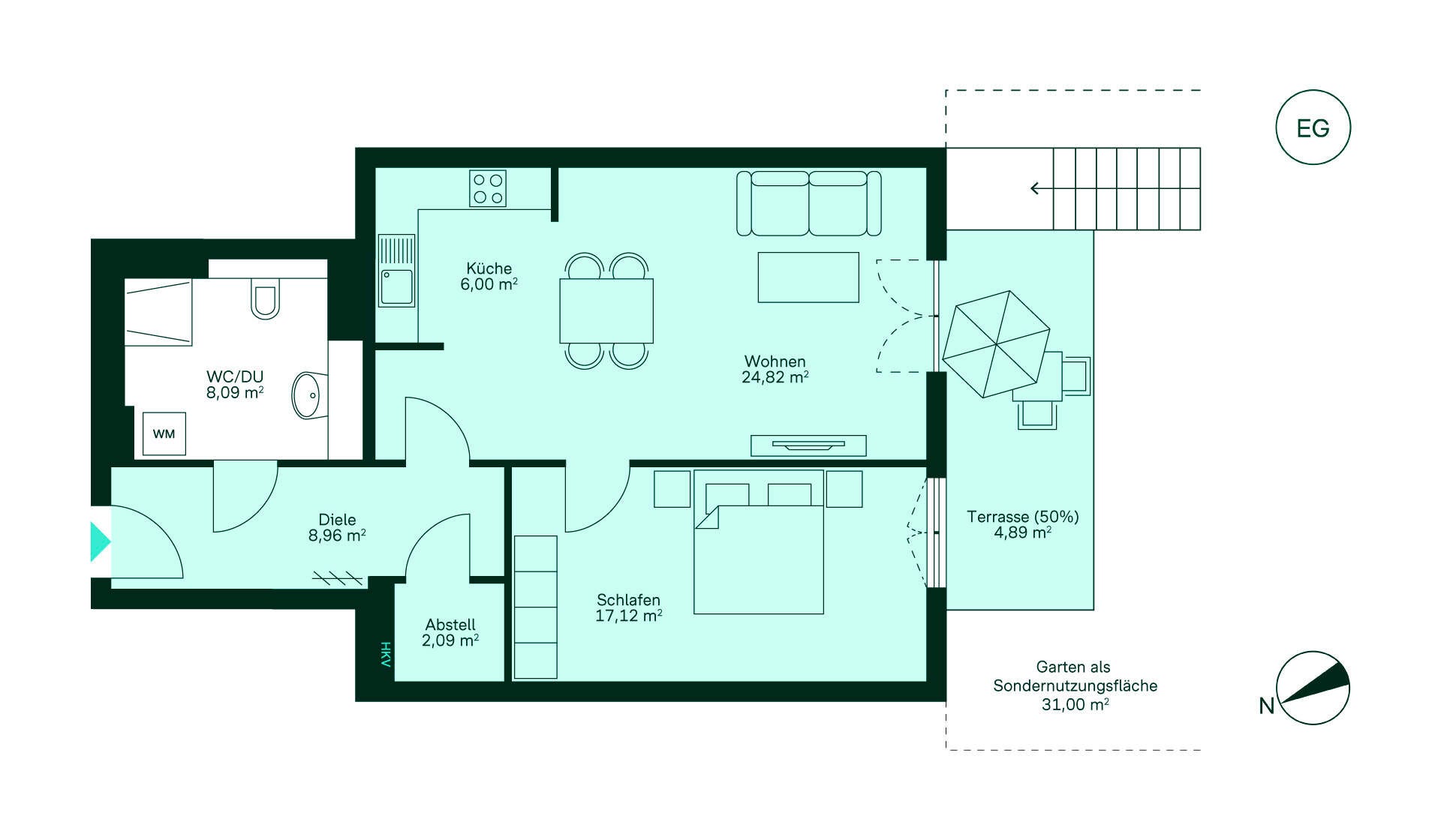 Grundriss Grundriss der Wohnung: Geräumiger Flur, offene Küche, Wohnzimmer, Schlafzimmer, Bad, Terrasse und Garten.