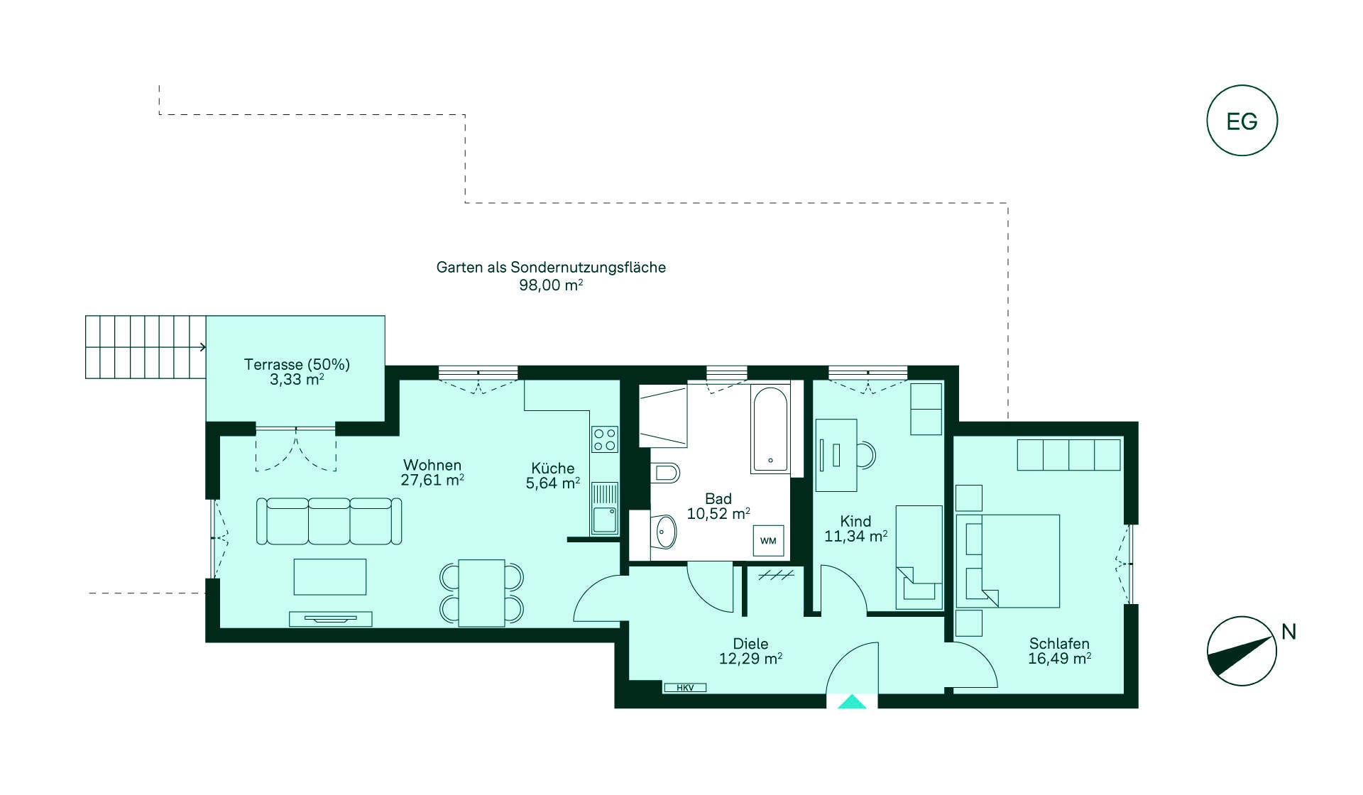 Grundriss Grundriss einer gemütlichen Wohnung mit Diele, Küche, Wohnbereich, zwei Schlafzimmern, Bad und Terrasse mit Garten.