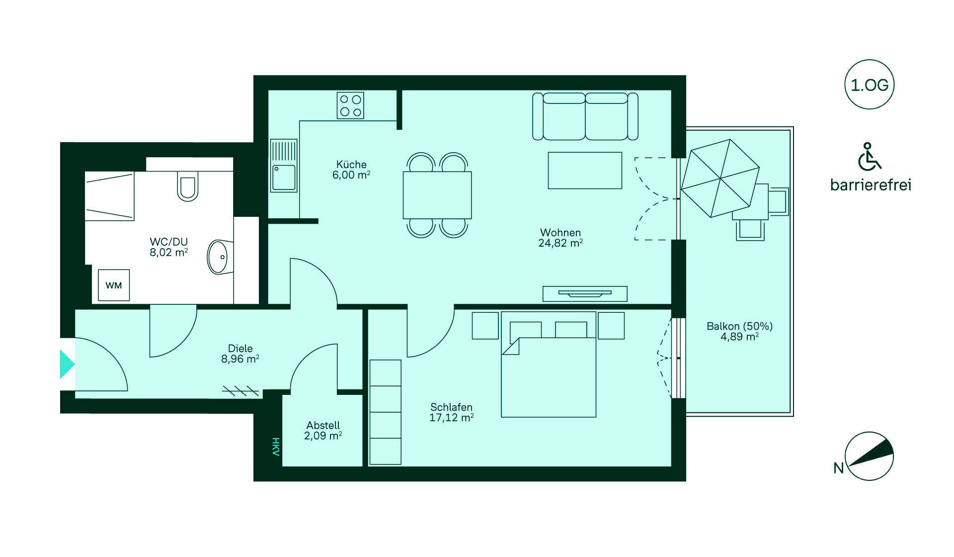 Grundriss Einladender Grundriss: Diele führt zur Küche und Wohnbereich. Schlafzimmer, Bad und Balkon inklusive.