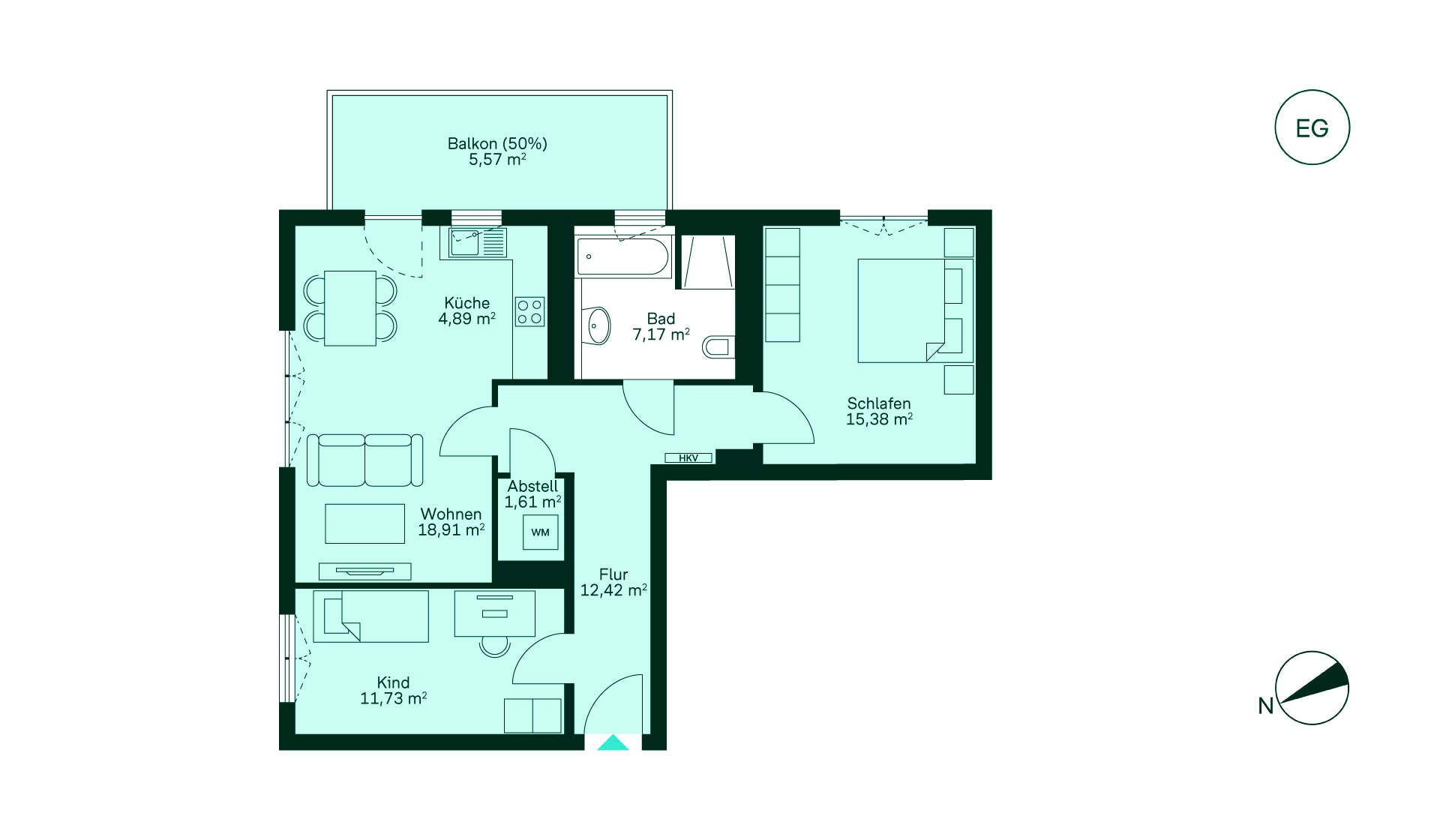 Grundriss Grundriss einer gemütlichen Wohnung: Flur, Küche, Wohnzimmer, Schlafzimmer, Bad, Balkon und Abstellraum.