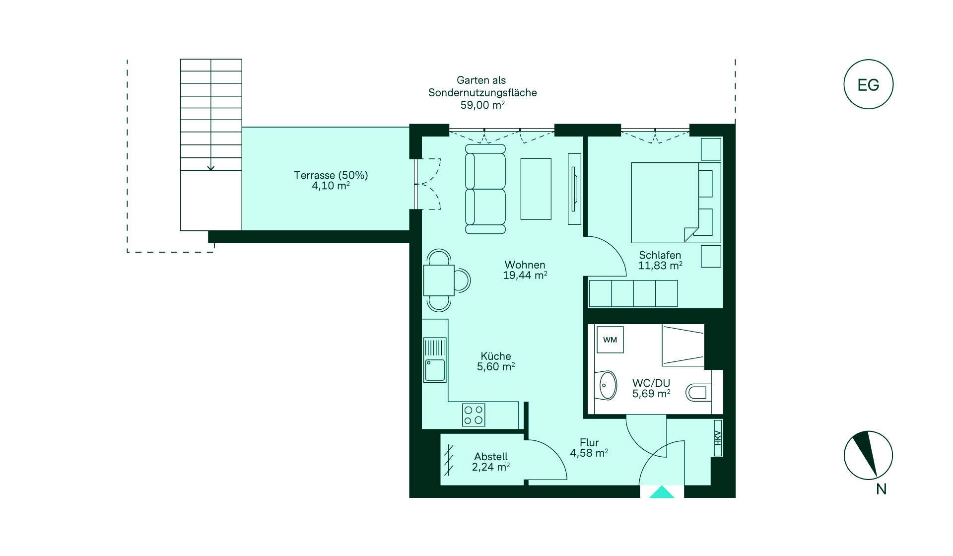 Grundriss Gemütliche Wohnung mit Flur, moderner Küche, Wohnbereich, Schlafzimmer, Bad, Terrasse und Garten.