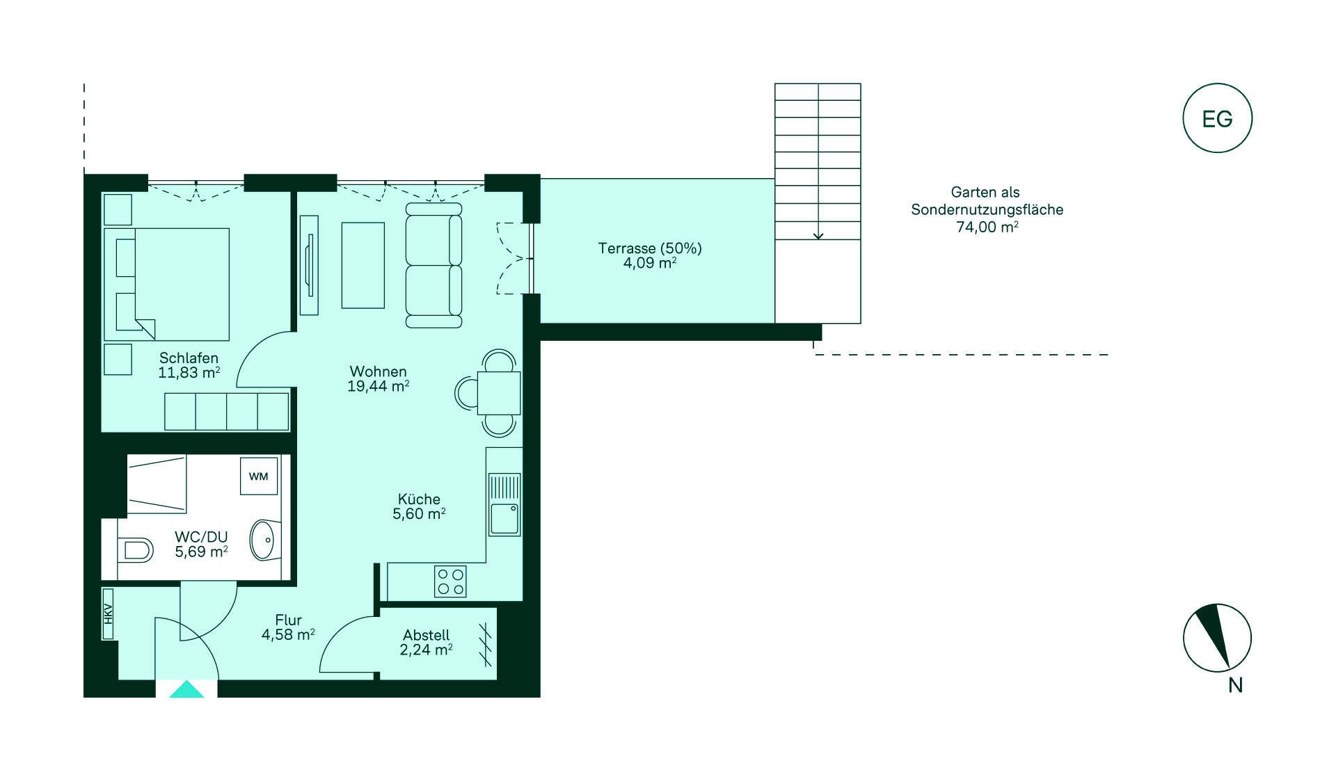 Grundriss Grundriss einer gemütlichen Wohnung: Flur, Küche, Wohnzimmer, Schlafzimmer, Bad, Terrasse, Garten.