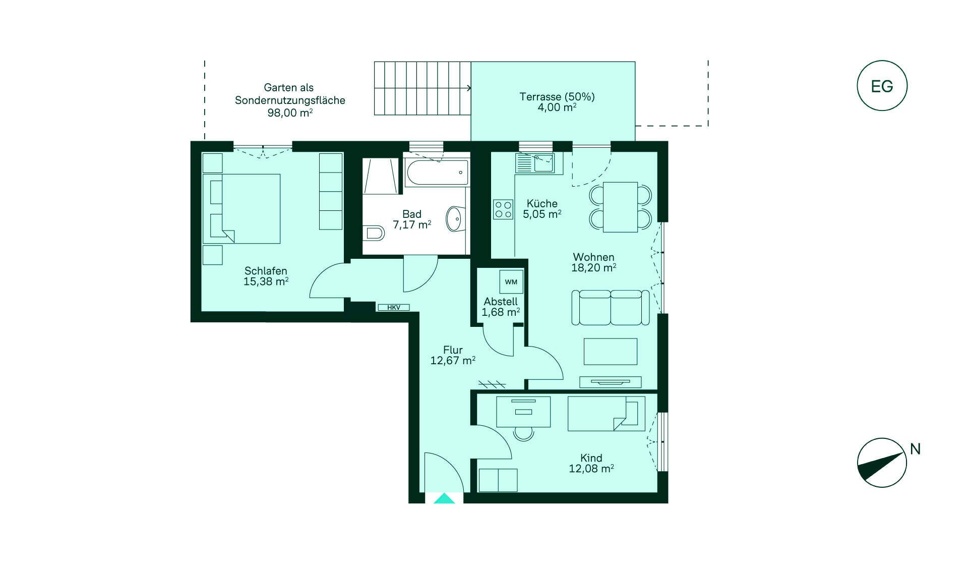 Grundriss Entdecken Sie das Erdgeschoss: Flur, Küche, Wohnzimmer, Schlafzimmer, Bad, Terrasse und Garten. Perfekt für Familien!