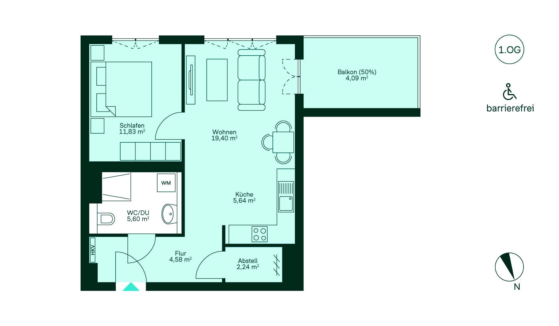 Grundriss Barrierefreie Wohnung mit Flur, Küche, Wohnzimmer, Schlafzimmer, Bad und Balkon für gemütliches Wohnen.