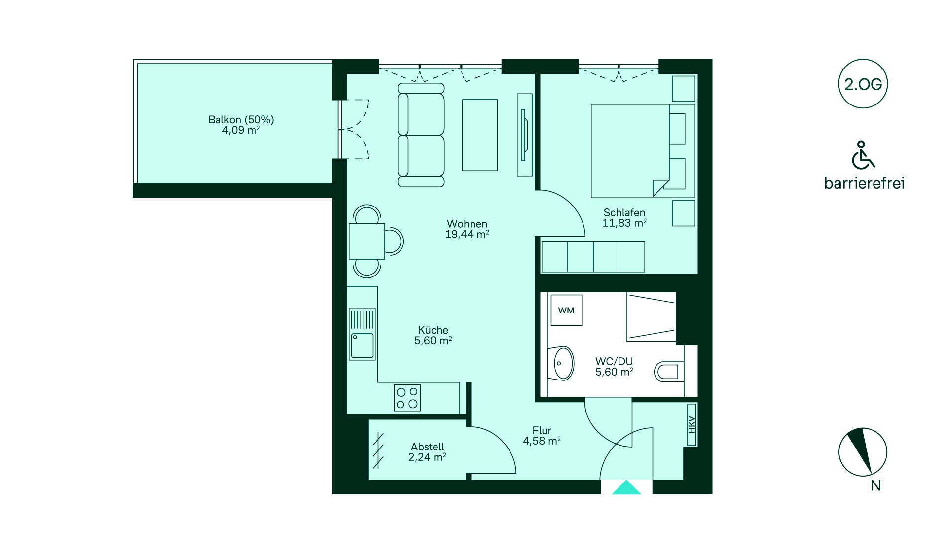 Grundriss Entdecken Sie diese barrierefreie Wohnung im 2. OG: Flur, Küche, Wohnzimmer, Schlafzimmer, Bad, Balkon. Ideal für Ihr neues Zuhause!