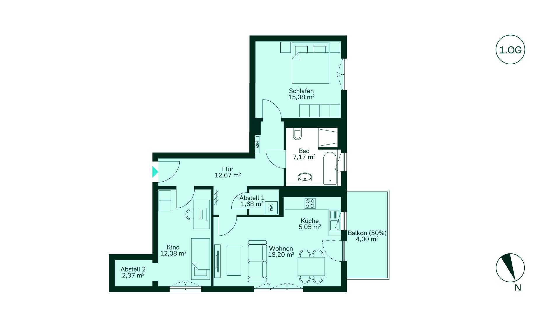 Grundriss Entdecken Sie Ihr neues Zuhause: Flur verbindet Küche, Wohnzimmer, Schlafzimmer, Bad, Kinderzimmer und Balkon.