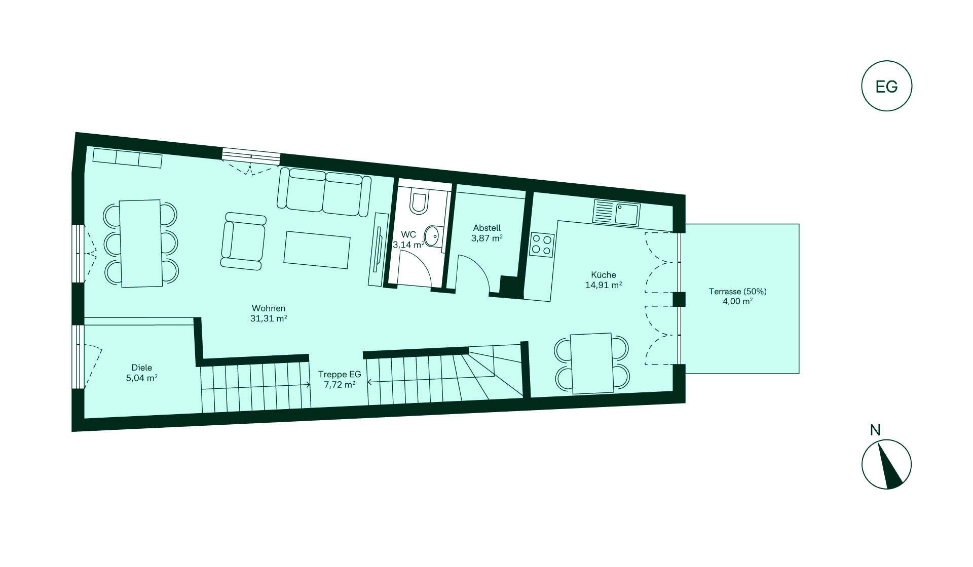 Grundriss Erdgeschoss Grundriss: Diele führt zur Küche, großem Wohnzimmer, WC, Abstellraum und Terrasse.