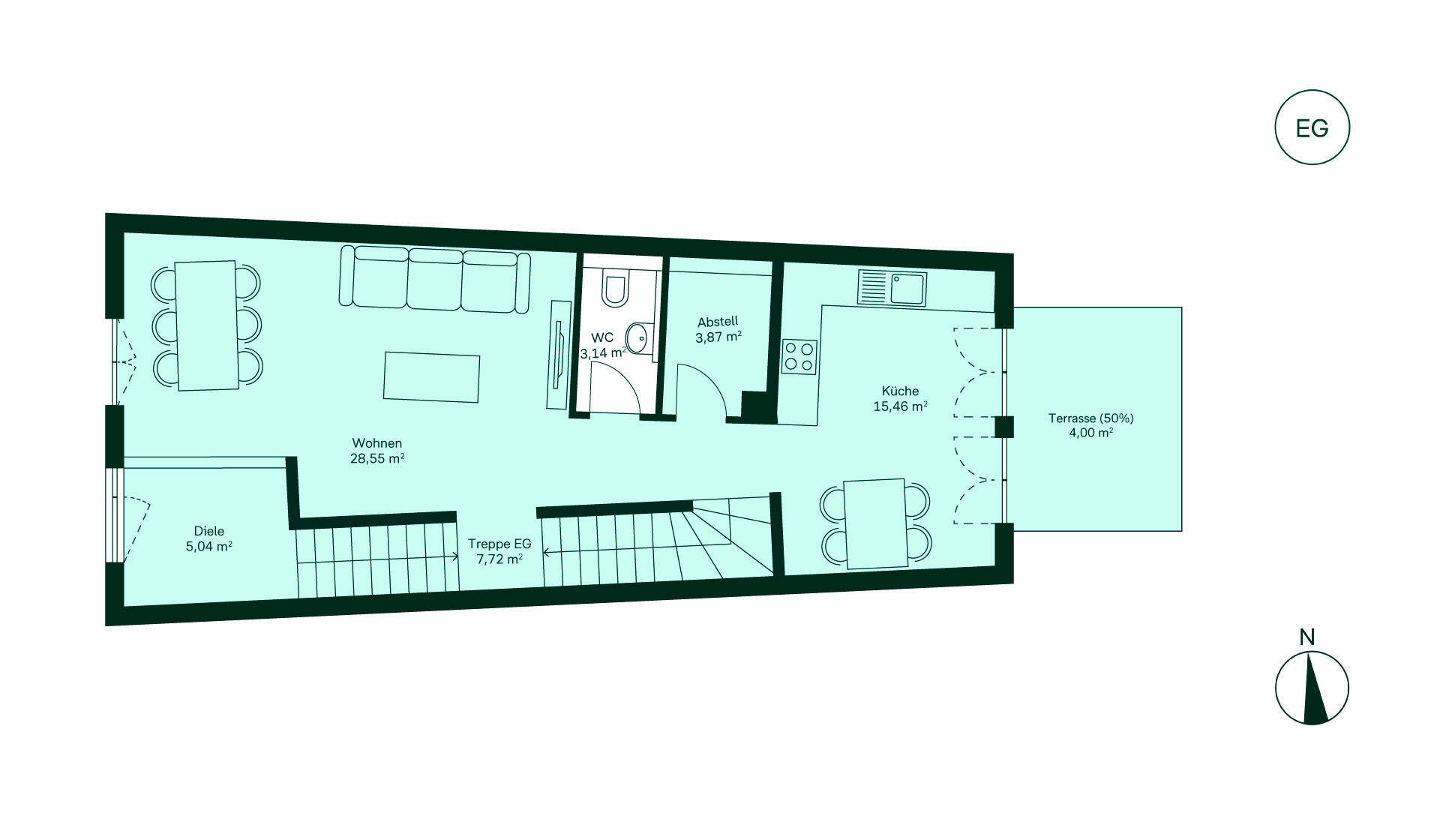 Grundriss des Erdgeschosses: Flur, Küche mit Terrasse, großes Wohnzimmer, WC und Abstellraum.