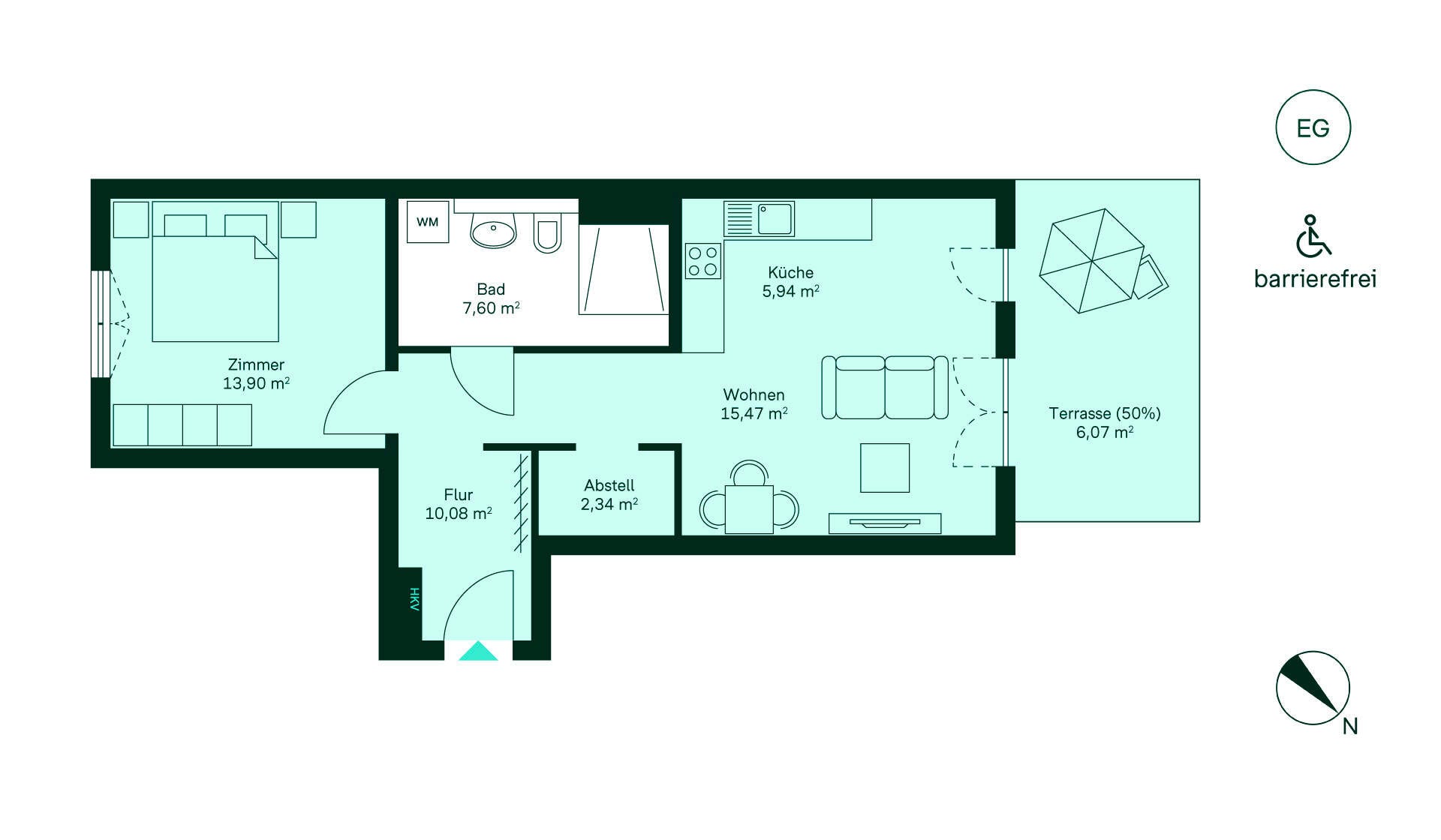 Grundriss Grundriss der Wohnung: Flur, Küche, Wohnzimmer, Schlafzimmer, Bad, Terrasse. Perfekt für entspanntes Wohnen!