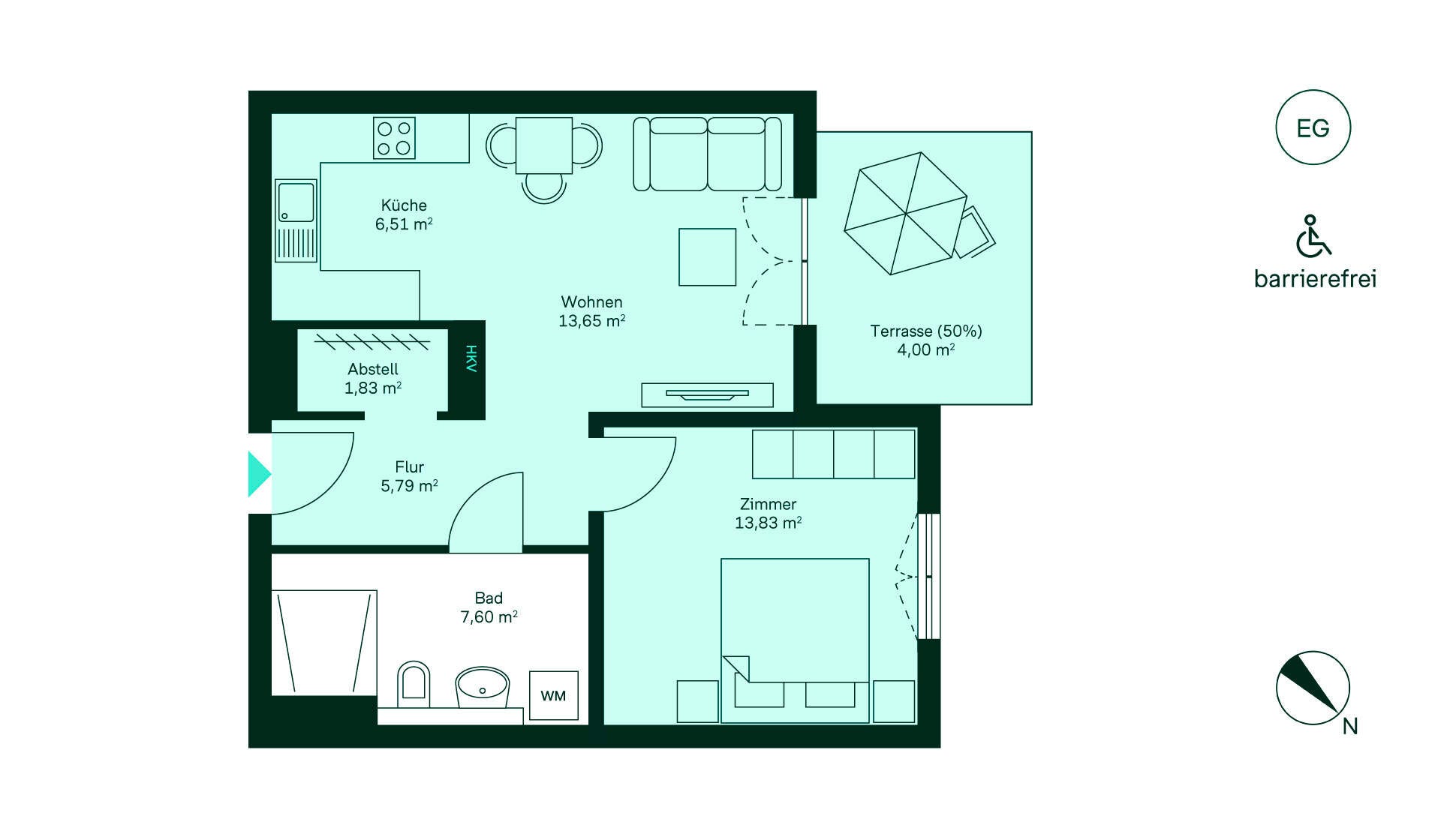 Grundriss Entdecken Sie diese barrierefreie Wohnung: Flur, Küche, Wohnzimmer, Schlafzimmer, Bad und Terrasse.
