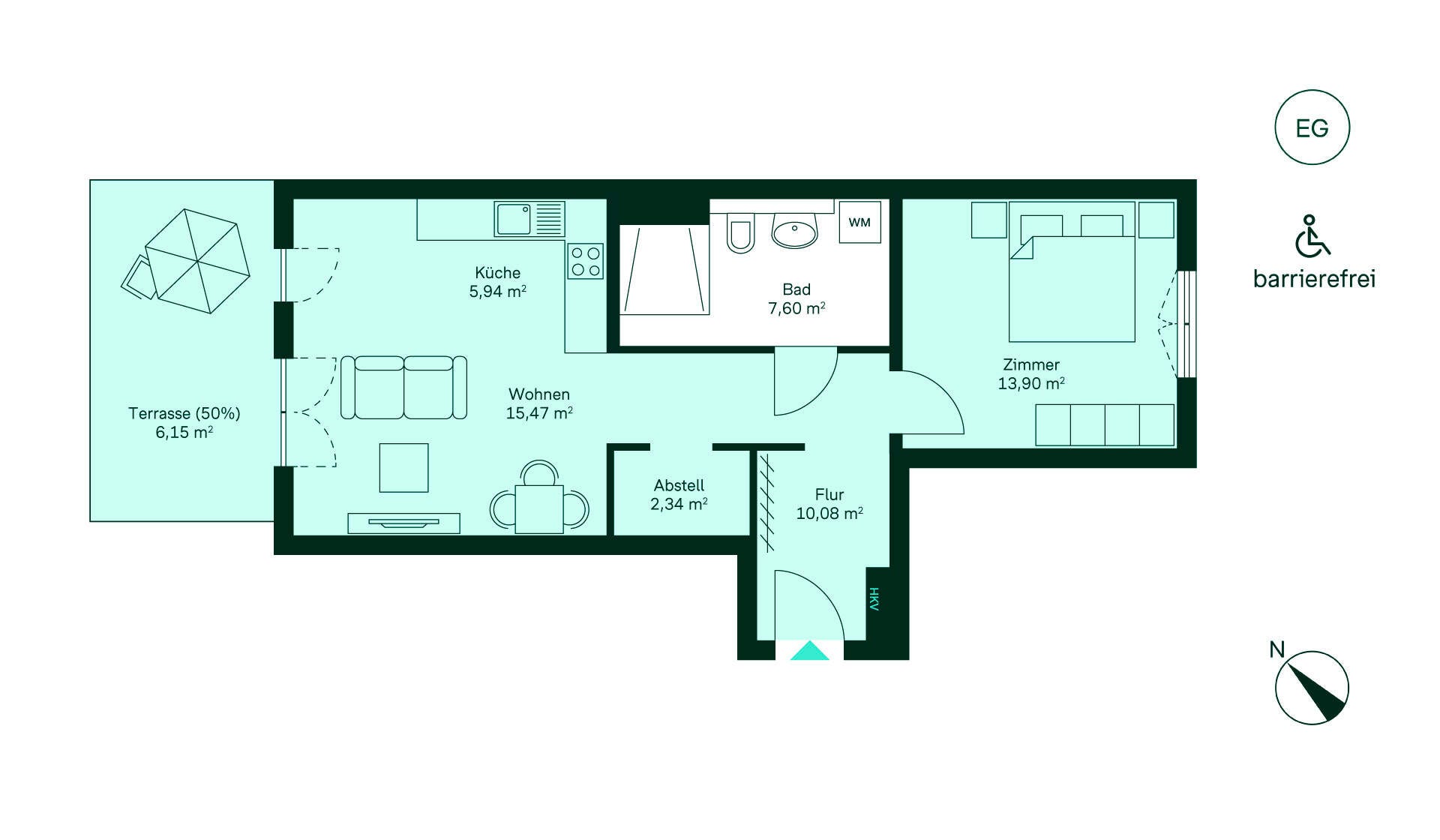 Grundriss Entdecken Sie ein barrierefreies Zuhause: Flur, Küche, Wohnzimmer, Schlafzimmer, Bad und Terrasse.