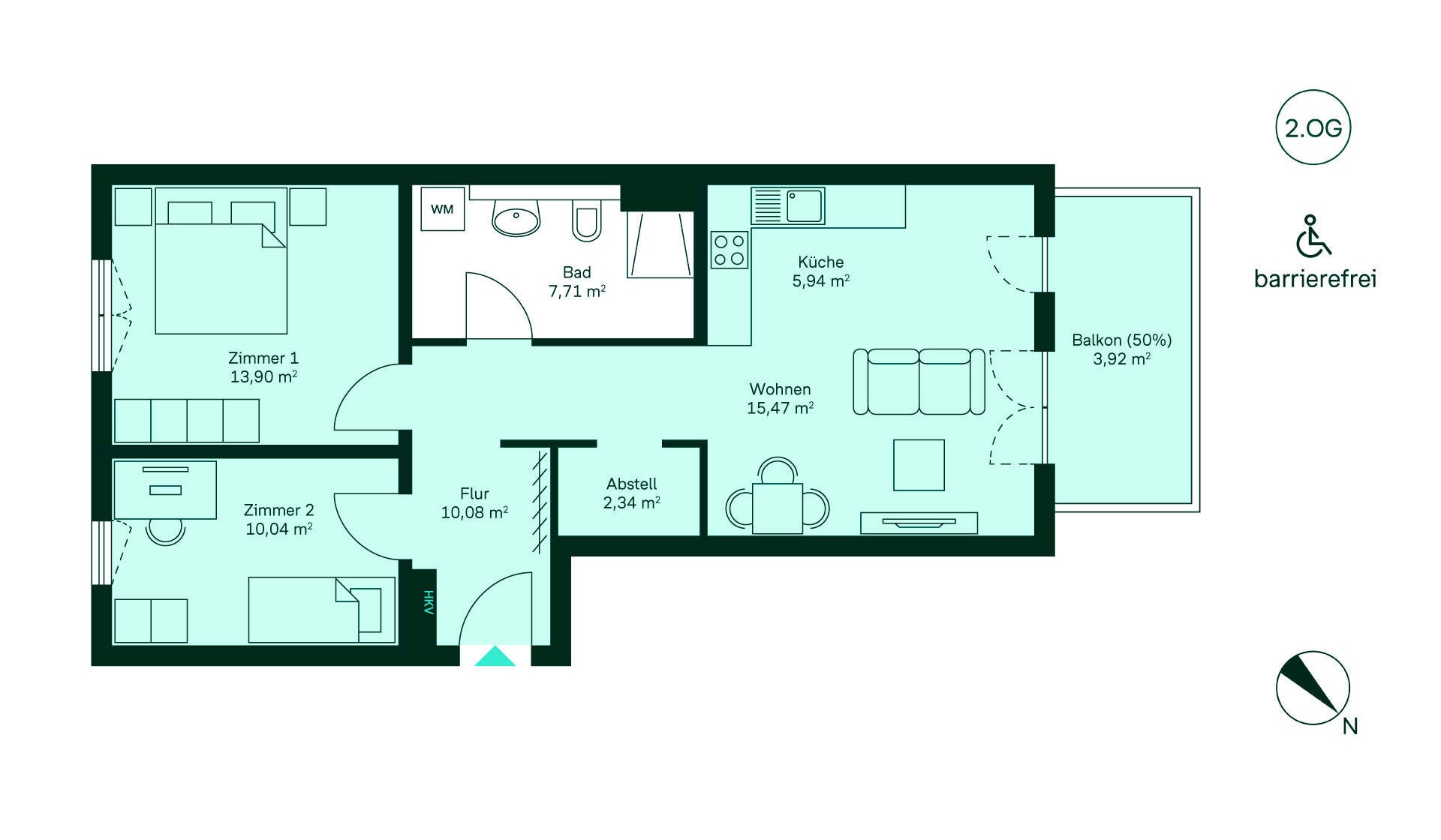 Grundriss Komfortable Wohnung im 2. OG: Flur, Küche, Wohnzimmer, 2 Schlafzimmer, Bad, Balkon. Barrierefrei genießen!