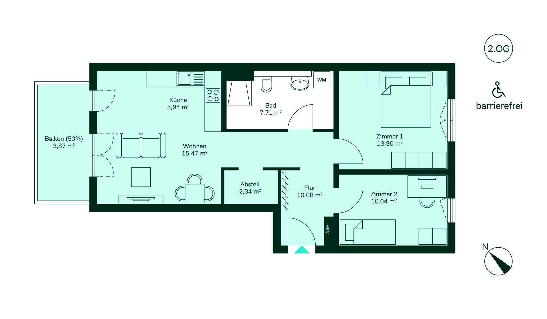 Entdecken Sie unsere barrierefreie Wohnung im 2. OG: Flur, Küche, Wohnzimmer, 2 Zimmer, Bad, Balkon.
