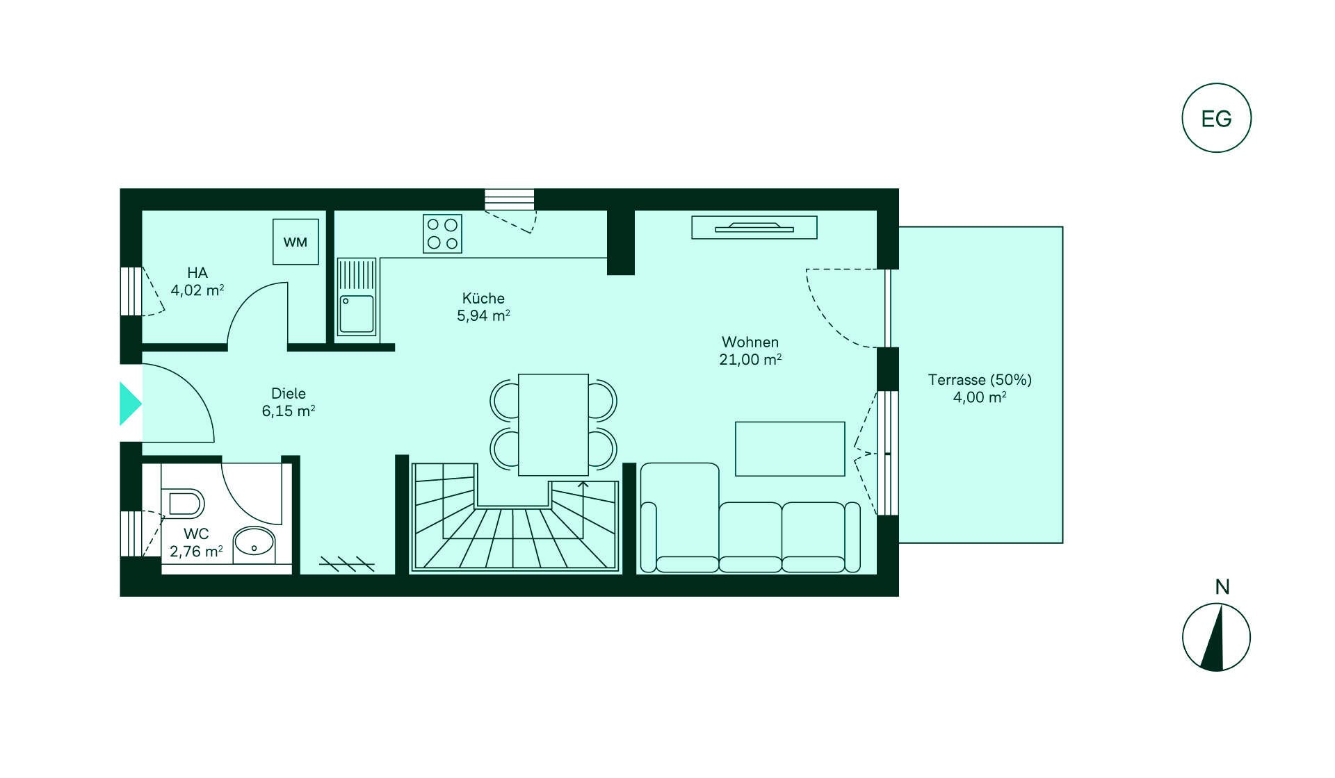 Grundriss einer gemütlichen Wohnung: Diele, Küche, Wohnzimmer, WC und Terrasse für entspannte Stunden.