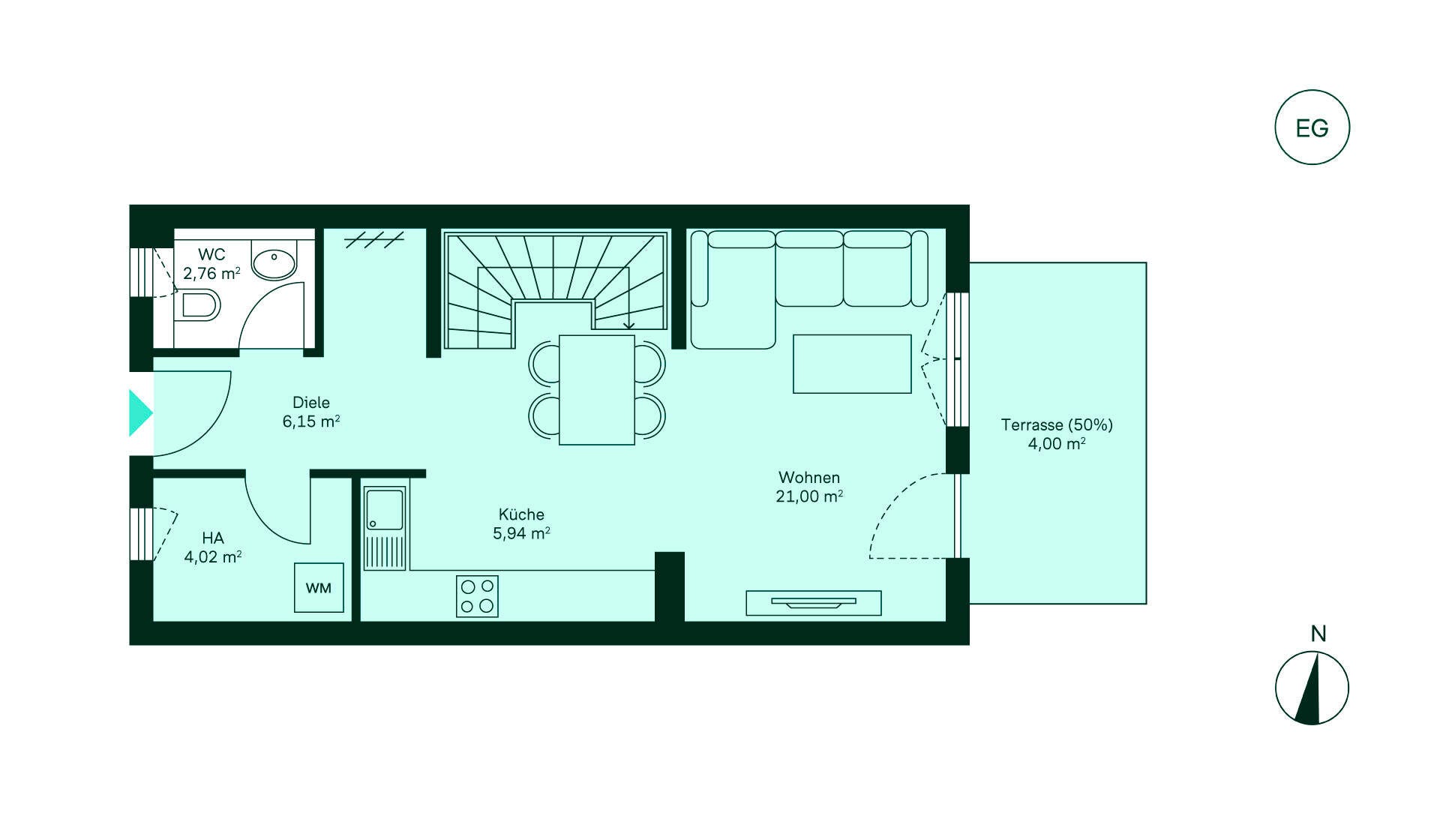 Reihenhaus Grundriss Erdgeschoss Grundriss eines gemütlichen Hauses: Diele, Küche, Wohnbereich, WC, Hausanschlussraum und Terrasse.