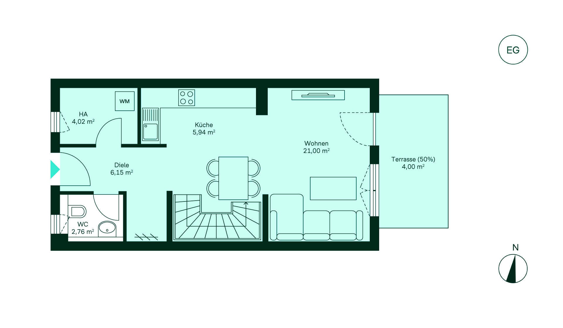 Reihenhaus Grundriss Erdgeschoss Grundriss: Einladender Wohnbereich mit Terrasse. Praktische Küche, WC und Hausanschlussraum.