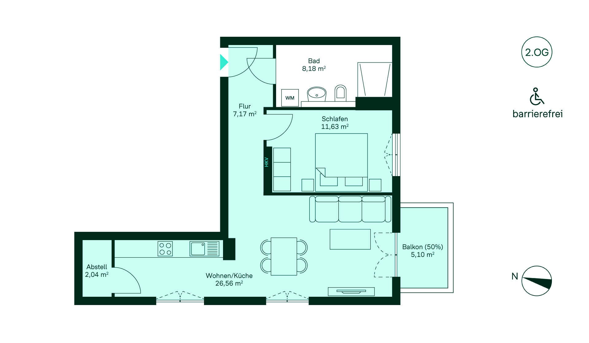 Komfortables Zuhause mit barrierefreiem Zugang. Flur, offene Küche/Wohnbereich, Schlafzimmer, Bad und Balkon. Ideal für moderne Ansprüche!