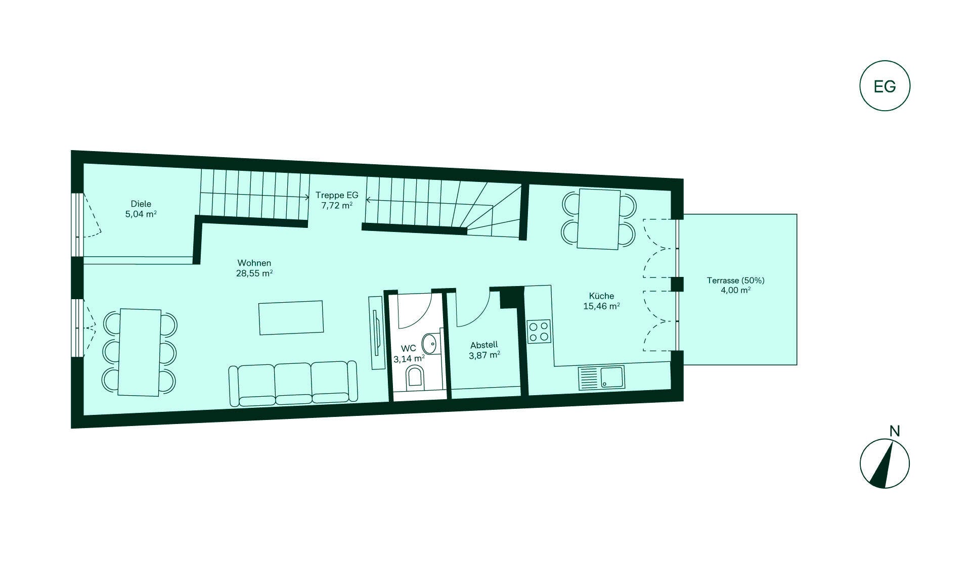 Entdecken Sie das Erdgeschoss: Eingangsbereich, Küche, Wohnzimmer, WC, Abstellraum und Terrasse.