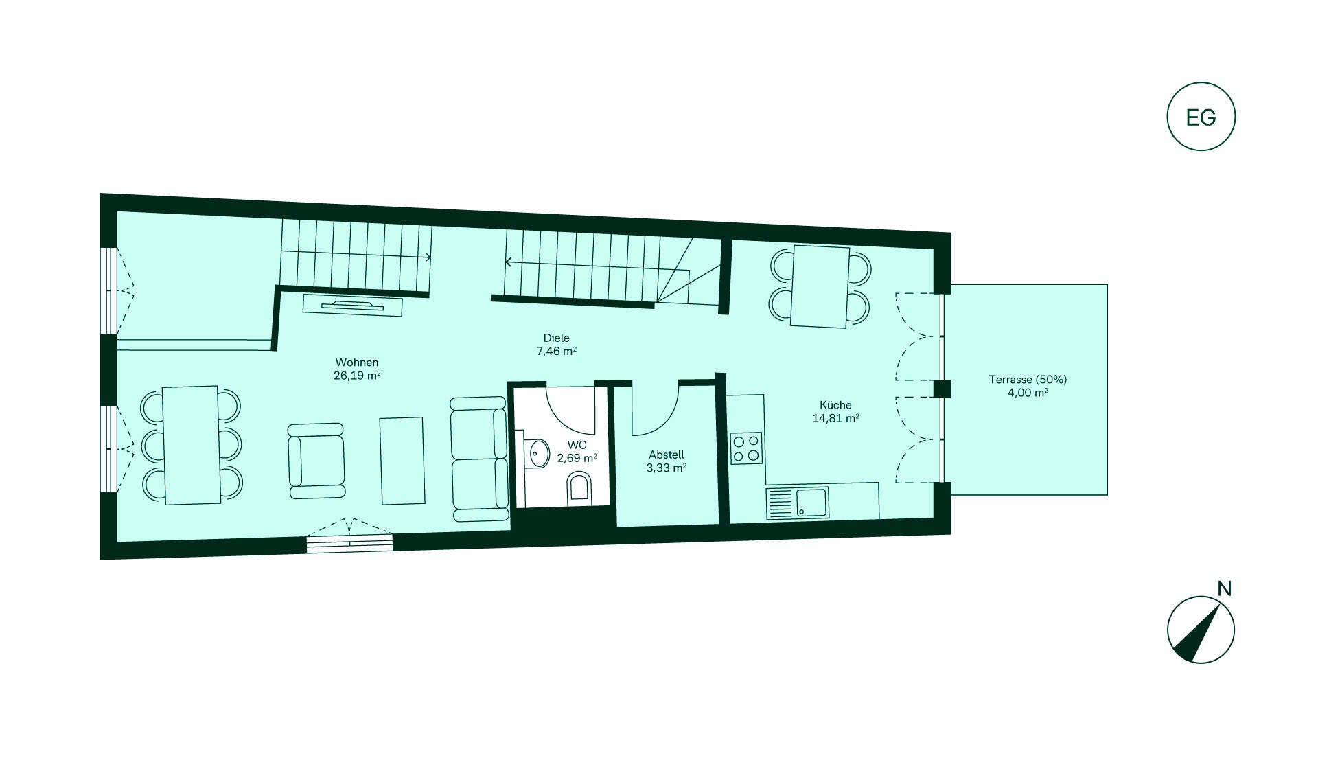 Grundriss des Erdgeschosses: Diele führt zur Küche und zum Wohnbereich. Terrasse für sonnige Stunden.