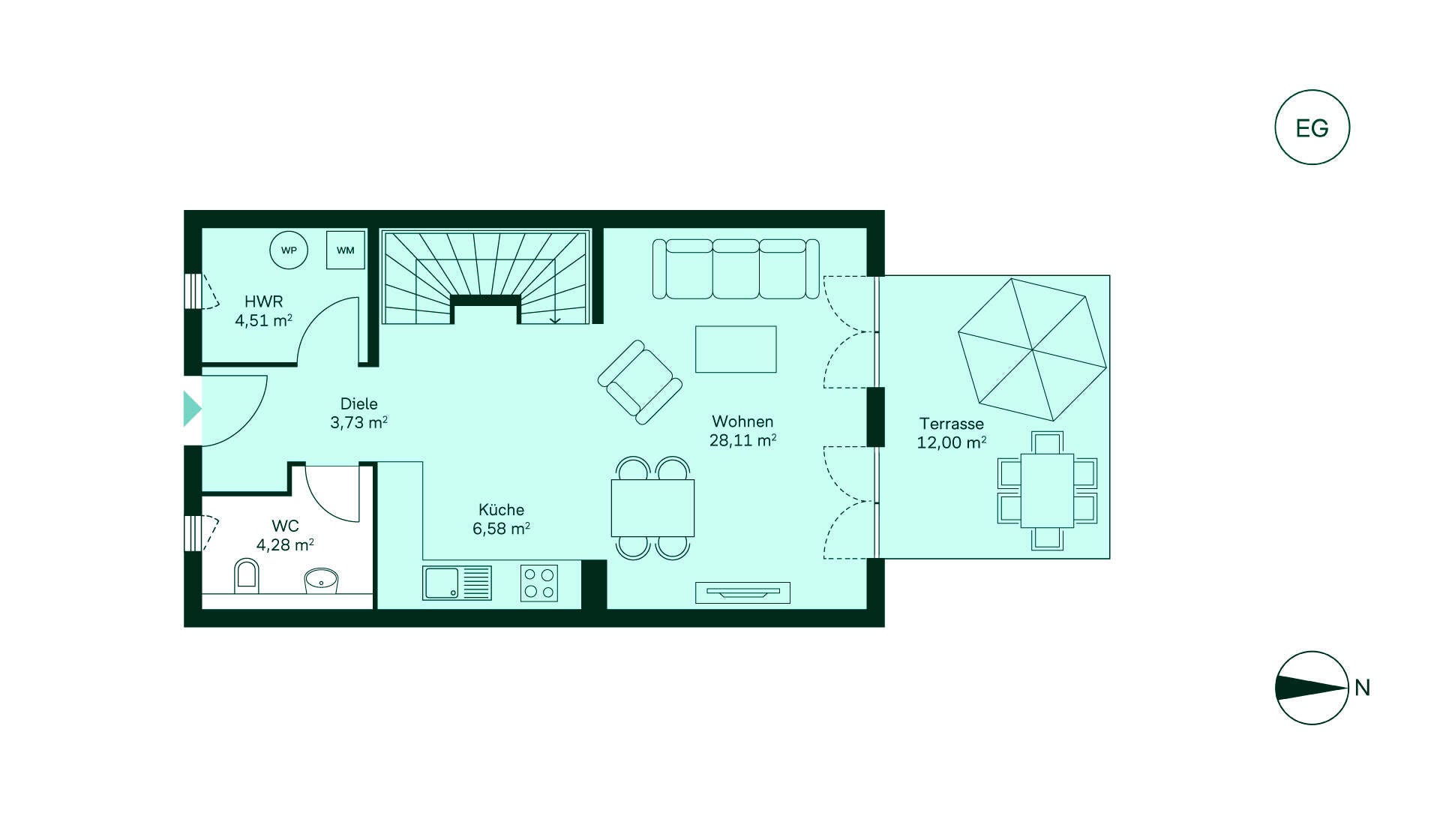 Grundriss des Erdgeschosses: Diele, Küche, Wohnzimmer, WC, Hauswirtschaftsraum, Terrasse. Nordausrichtung.