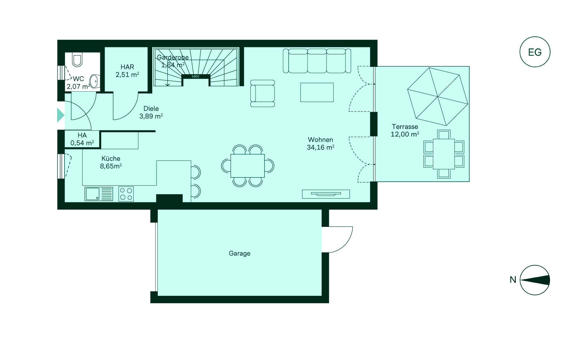 Grundriss des Erdgeschosses: Flur, Küche, Wohnzimmer mit Terrasse, WC, Hauswirtschaftsraum, Garage.