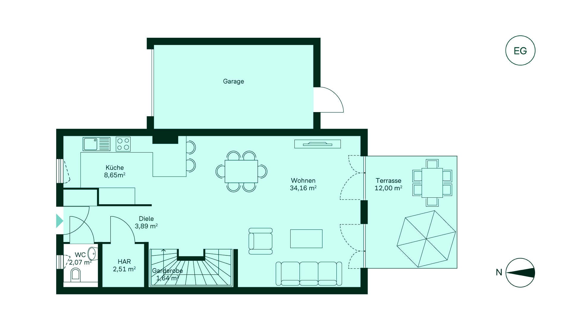 Grundriss des Erdgeschosses: Flur, Küche, Wohnzimmer, WC, HAR, Garderobe, Terrasse, Garage.