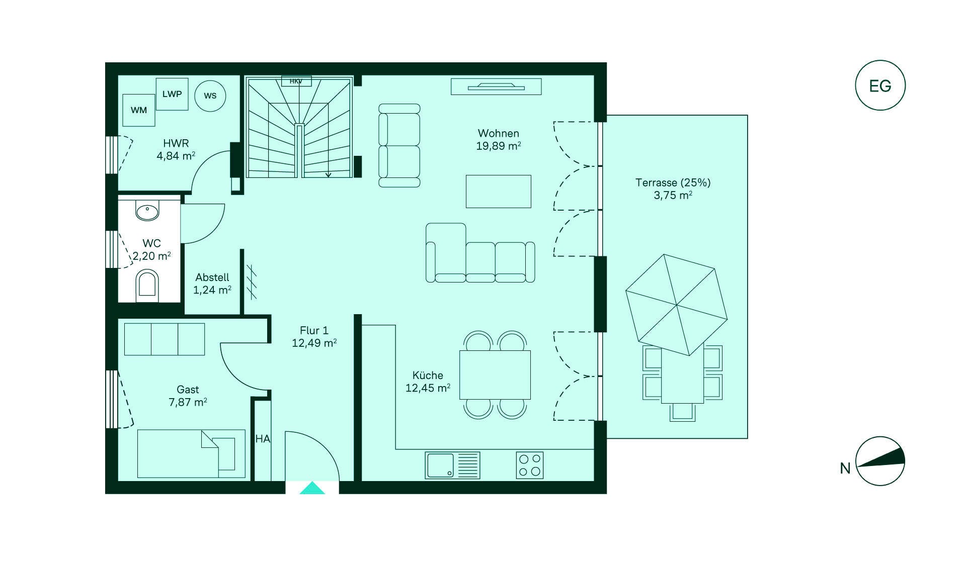 Grundriss des Erdgeschosses: Flur, Küche, Wohnzimmer, Gästezimmer, WC, Abstellraum und Terrasse.