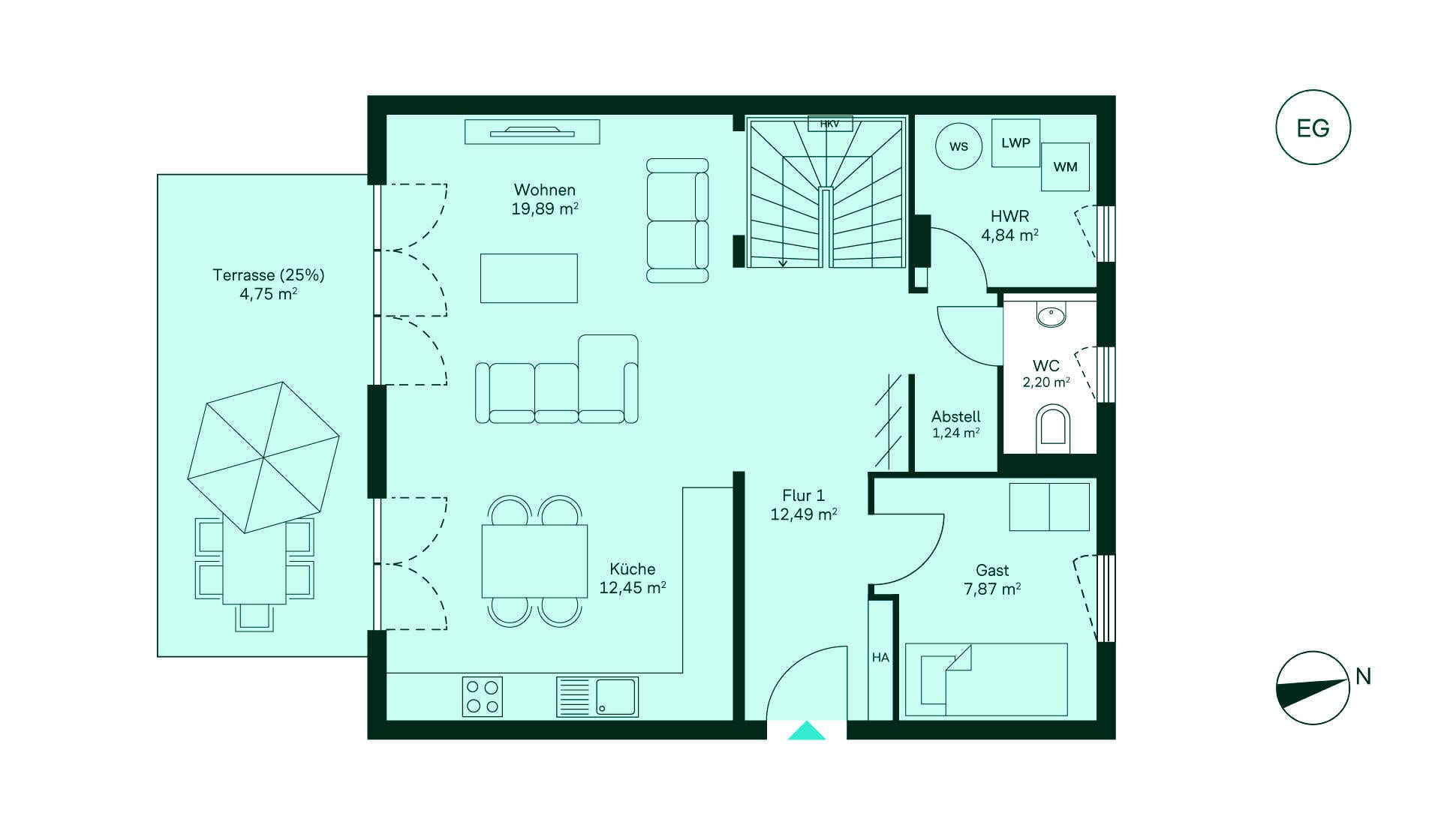 Entdecken Sie das Erdgeschoss: Flur führt zur Küche, Wohnzimmer, Gästezimmer, WC und Terrasse. Perfekt für Ihr neues Zuhause!