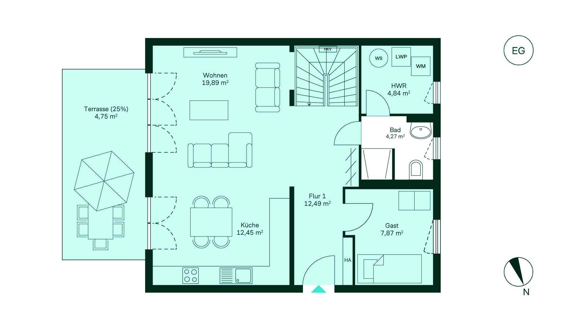 Entdecken Sie das Erdgeschoss: Flur führt zur Küche, Wohnzimmer, Gästezimmer, WC und Terrasse. Perfekt für Ihr neues Zuhause!