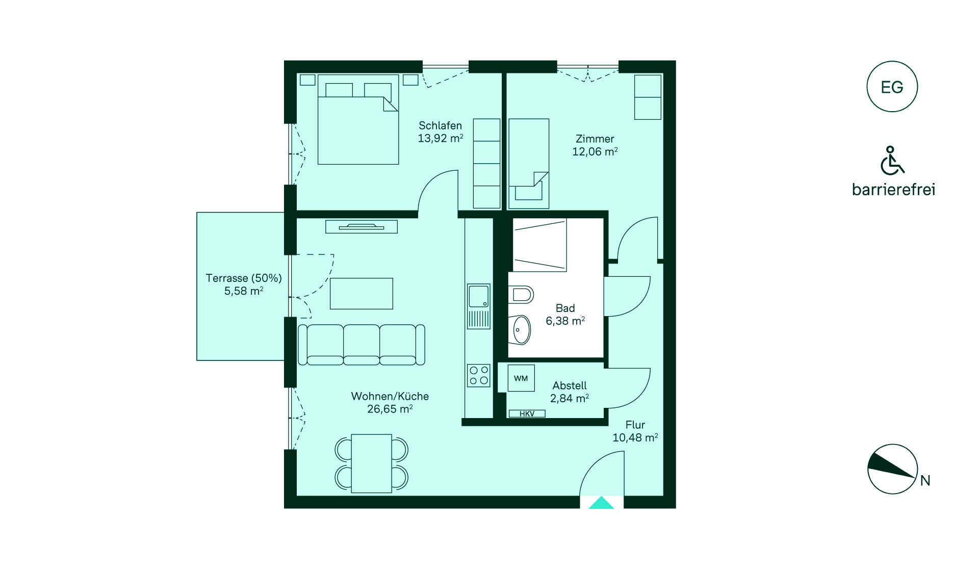 Entdecken Sie diese barrierefreie Wohnung: Flur, offene Wohnküche, 2 Zimmer, Bad, Terrasse.