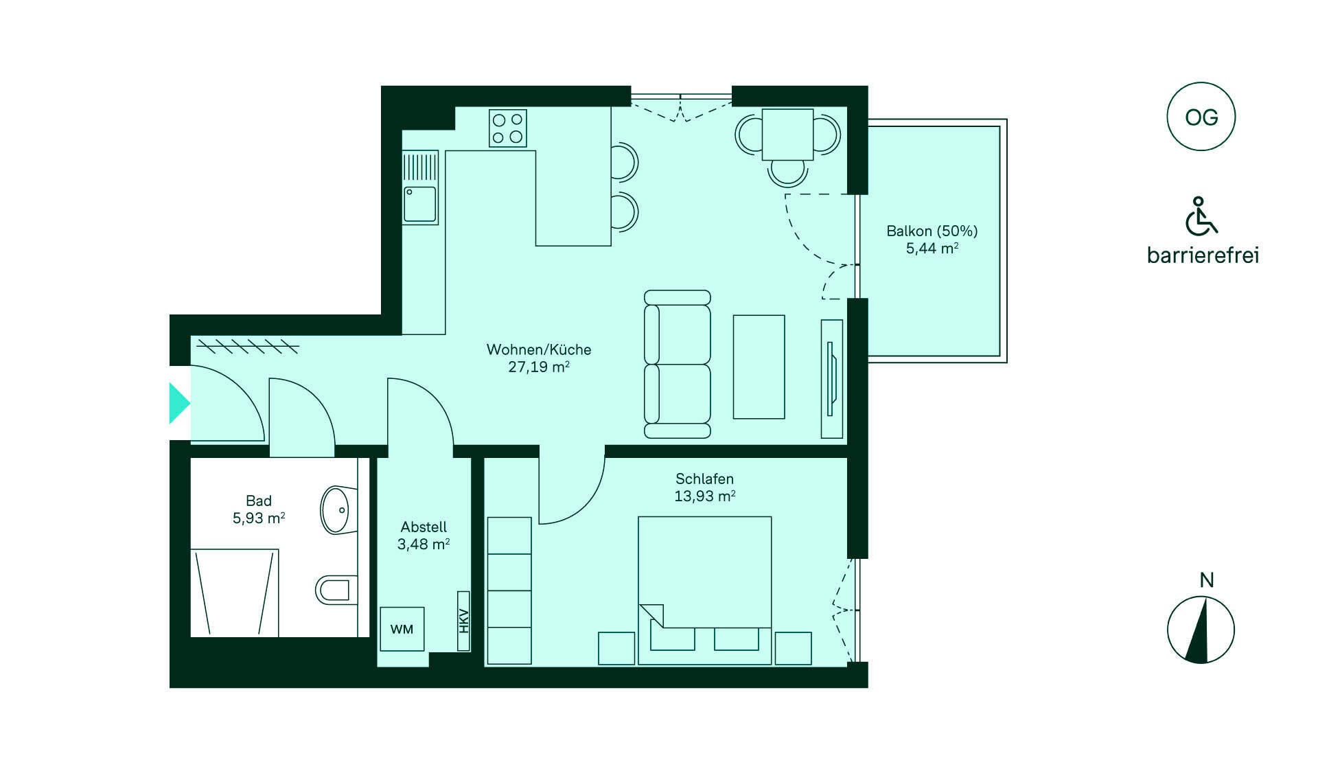 Barrierefreie Wohnung mit geräumigem Flur, offener Küche, gemütlichem Wohnbereich, Schlafzimmer, Bad und Balkon. Perfekt für Komfort und Entspannung!
