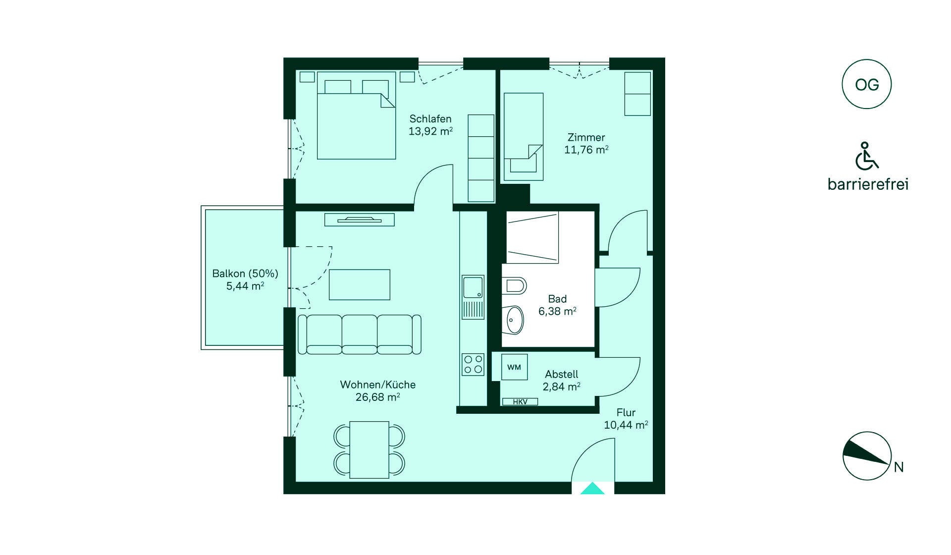 Genießen Sie barrierefreies Wohnen: Flur, Wohnküche, Schlafzimmer, Zimmer, Bad und Balkon.