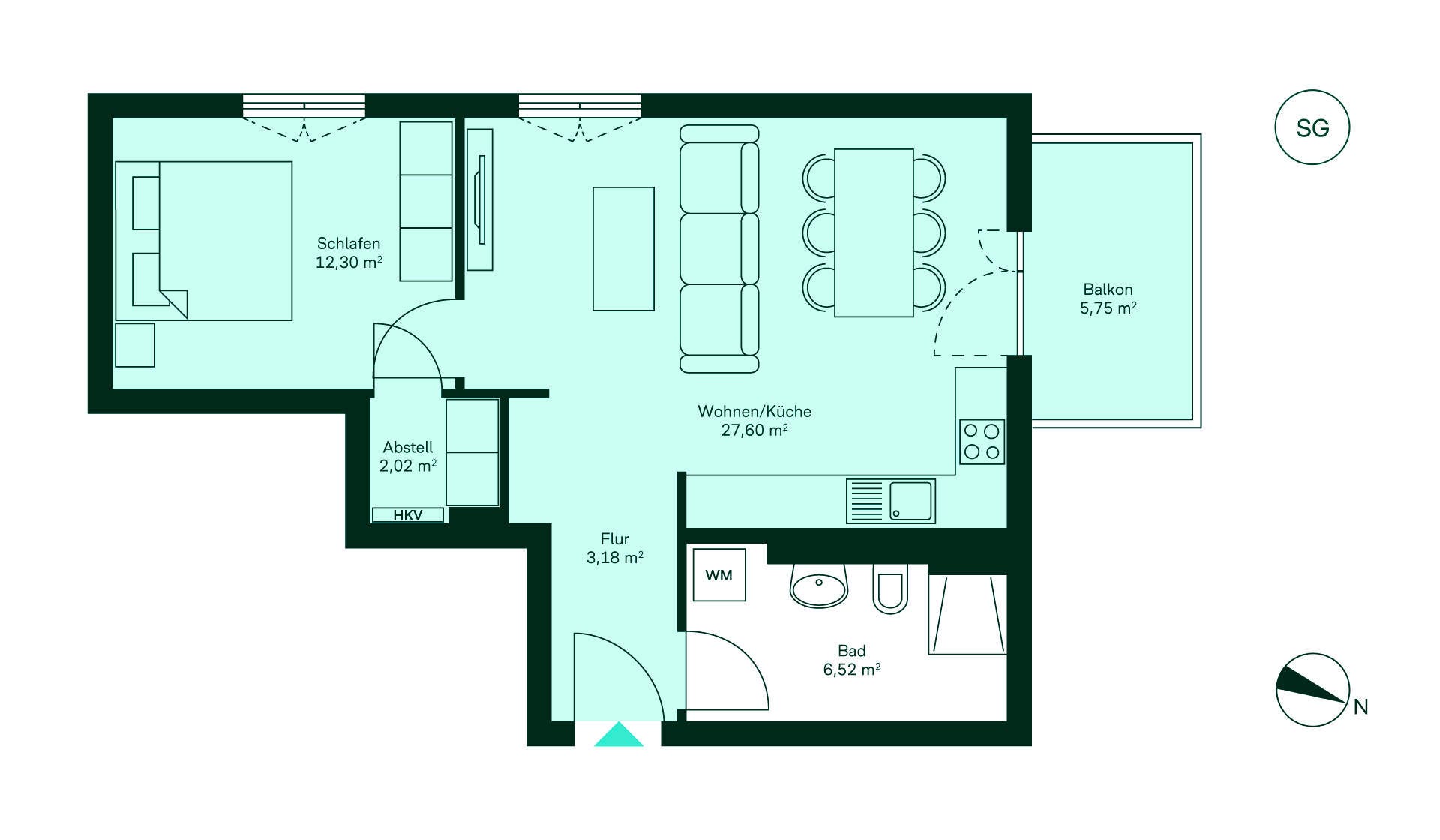 Grundriss der Eigentumswohnung WE085 Entdecken Sie diese gemütliche Wohnung mit Flur, offener Wohnküche, Schlafzimmer, Bad und Balkon.