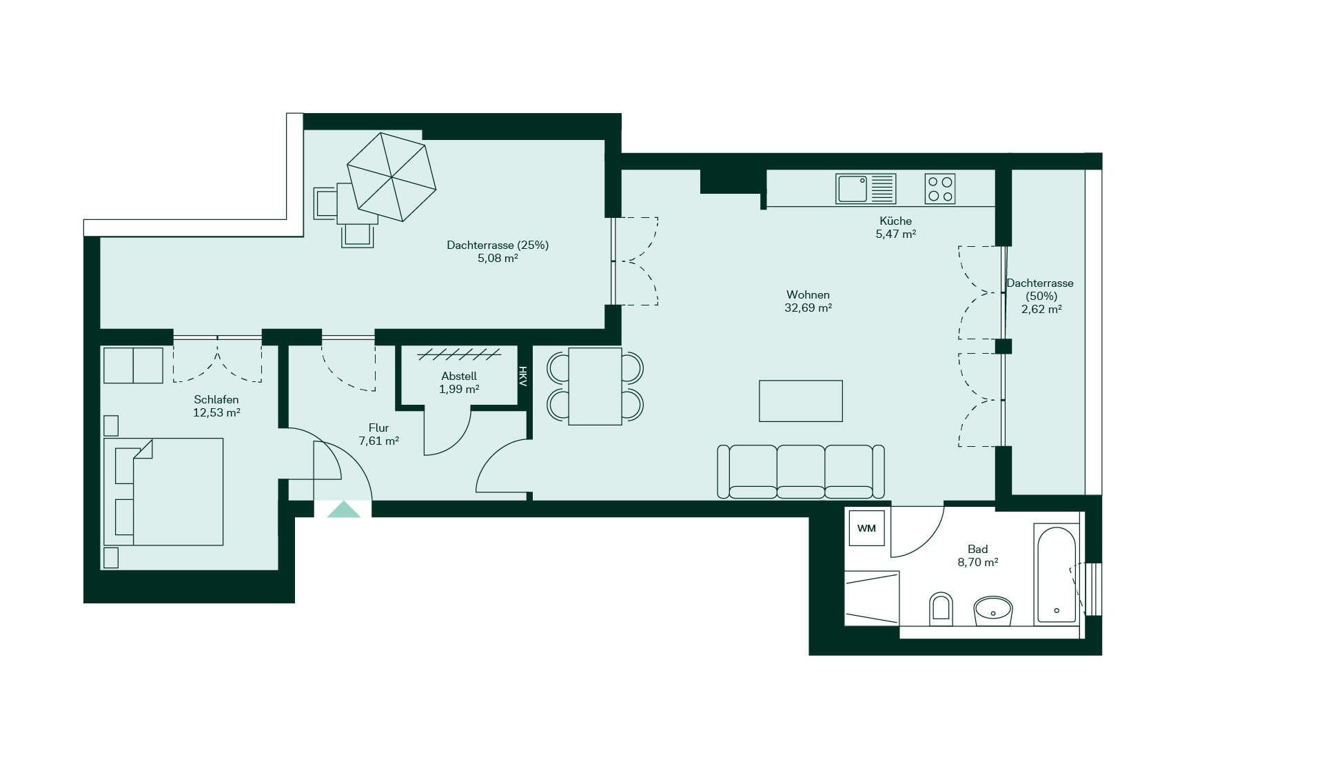 Entdecken Sie Ihr neues Zuhause: Geräumiger Flur führt zur offenen Küche und großem Wohnbereich. Schlafzimmer mit Zugang zur Dachterrasse. Bad mit Wanne, Abstellraum für Komfort.