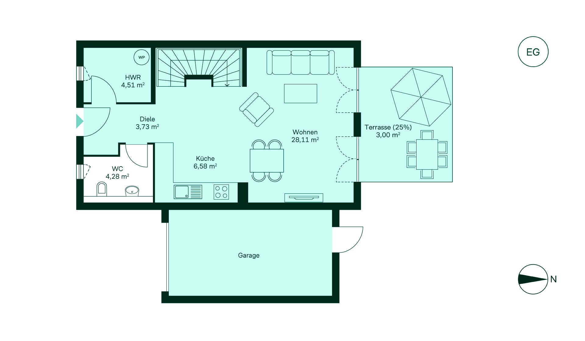 Grundriss des Erdgeschosses: Eingang führt zur Diele, Küche, Wohnbereich, WC, HWR, Terrasse und Garage.