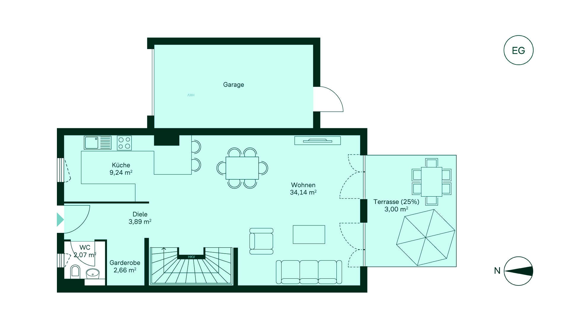 Entdecken Sie das Erdgeschoss: Diele, Küche, geräumiges Wohnzimmer, WC, Garderobe und Terrasse. Perfekt für gesellige Abende!