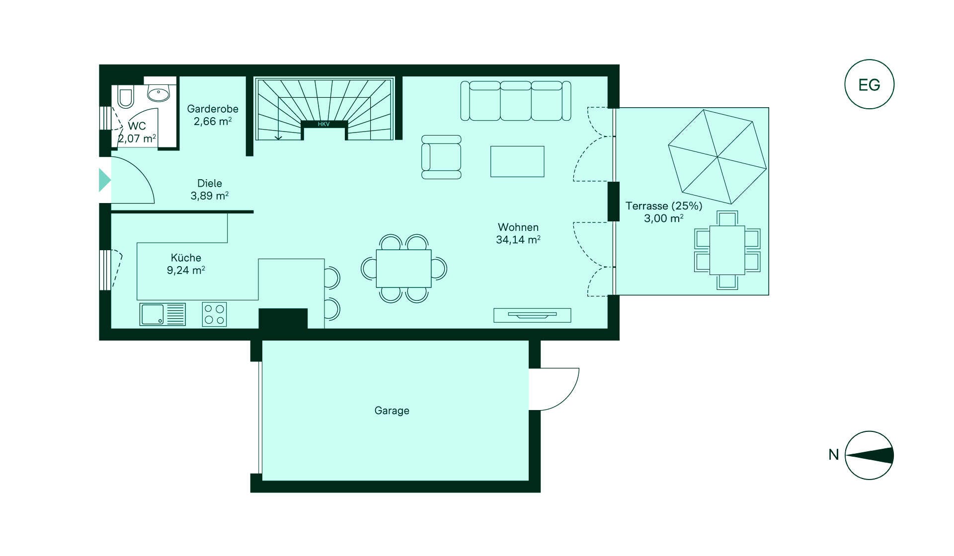 Gemütliches Erdgeschoss mit Diele, Küche, geräumigem Wohnzimmer, Terrasse und Garage. Ideal für Familien!