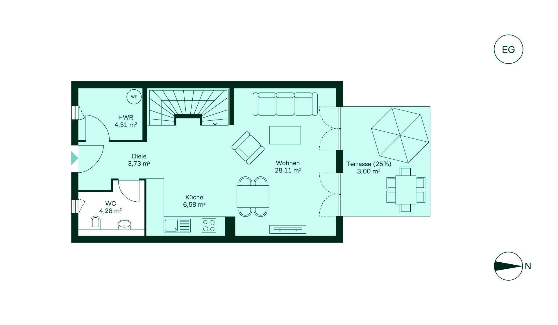 Entdecken Sie das Erdgeschoss mit Diele, Küche, Wohnbereich und Terrasse für gemütliche Stunden!