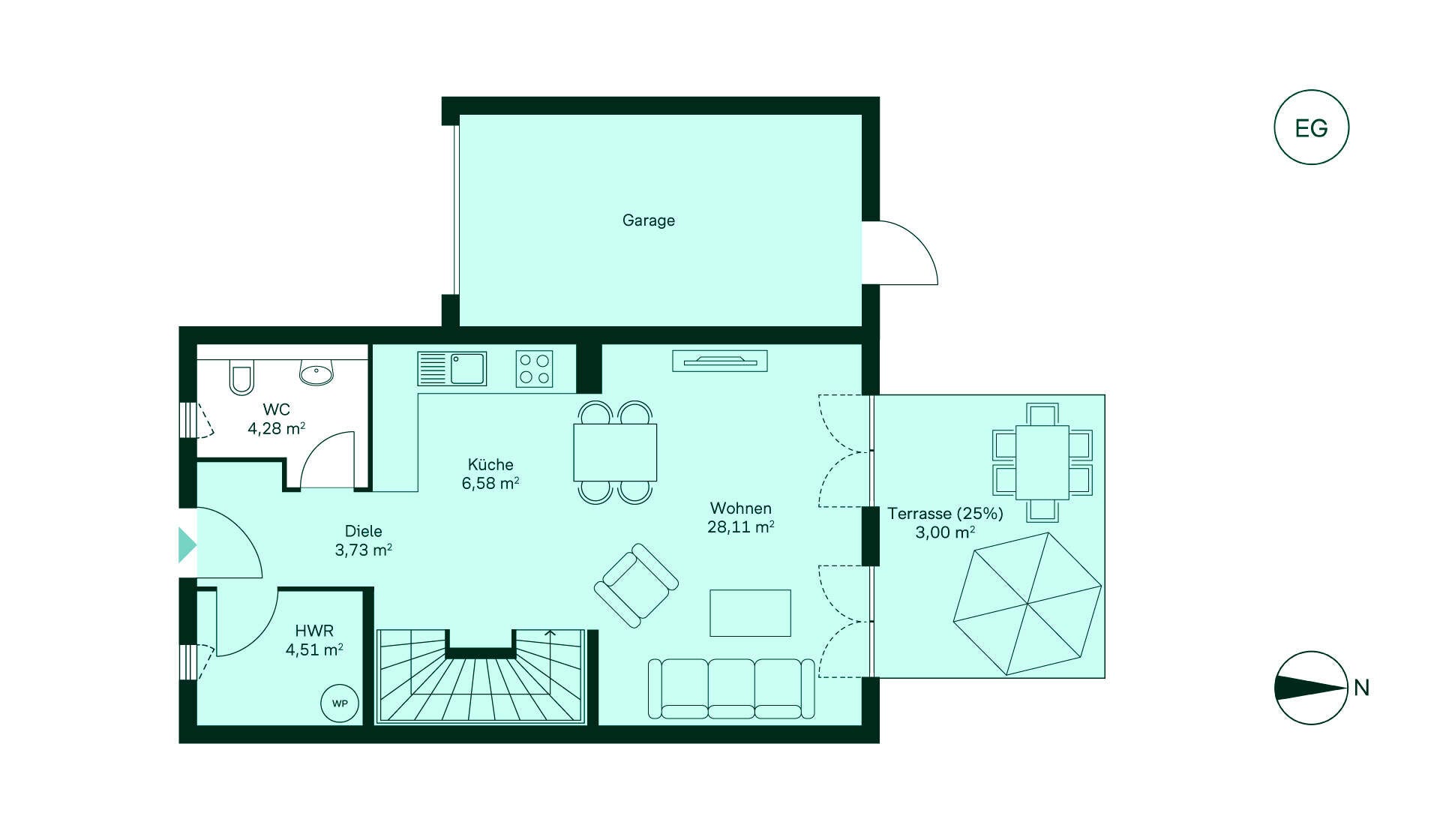 Grundriss Erdgeschoss Reihenhaus 003 Eigener Feldblick Grundriss des Erdgeschosses: Diele, Küche, Wohnzimmer, WC, Hauswirtschaftsraum, Terrasse, Garage.