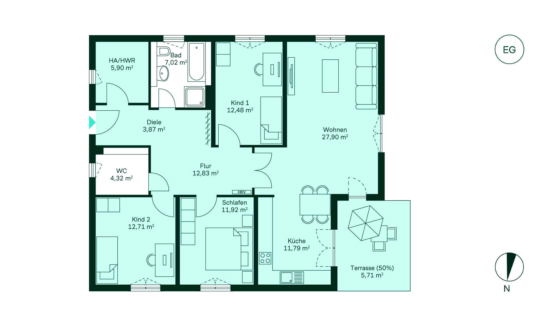 Grundriss des Einfamilienhauses Entdecken Sie den Grundriss: Flur, Küche, Wohnzimmer, drei Schlafzimmer, Bad, WC und Terrasse. Ideal für Familien!